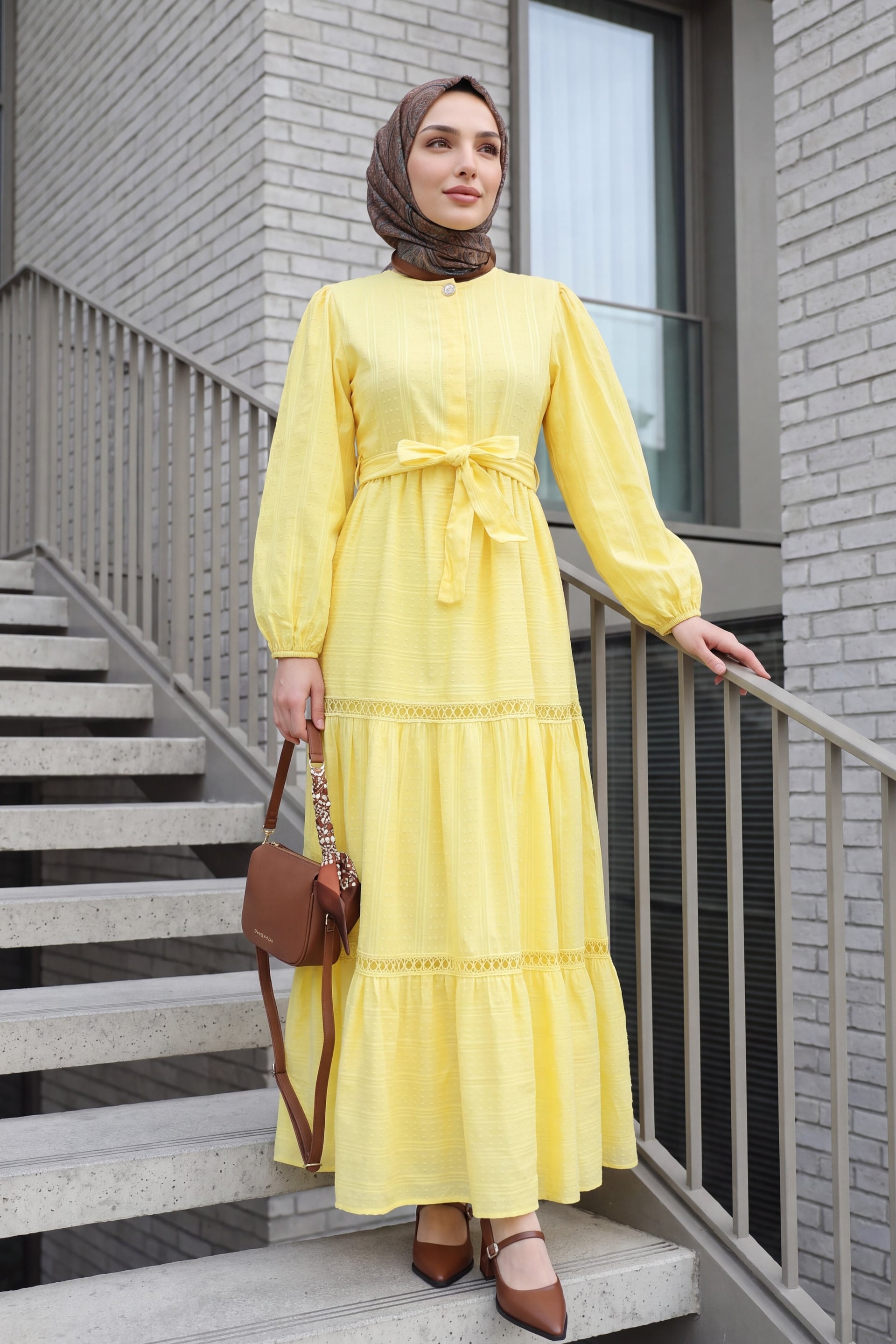 Yellow Ruffled Lace Trim Dress with Tie Belt - Podyumplus - by Peralane - photo 2