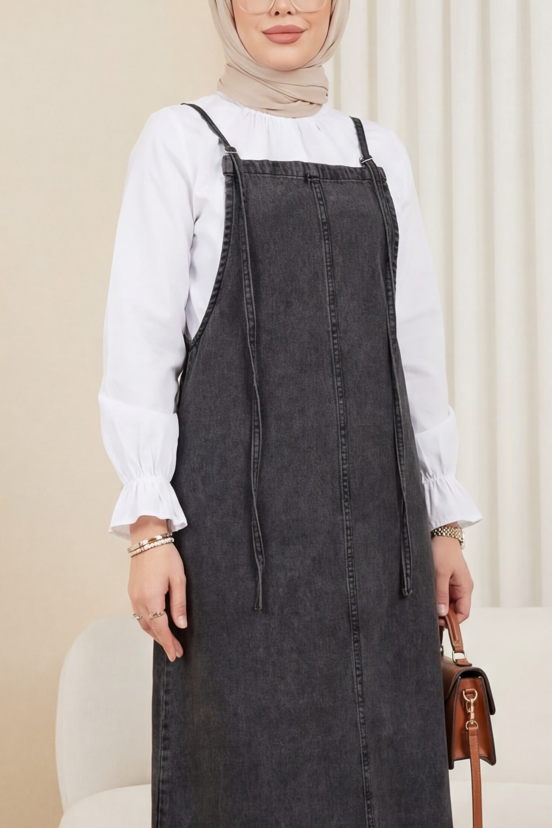 Women's Denim Dungaree Dress with Adjustable Straps - Smoke - Podyumplus - by Peralane - photo 2