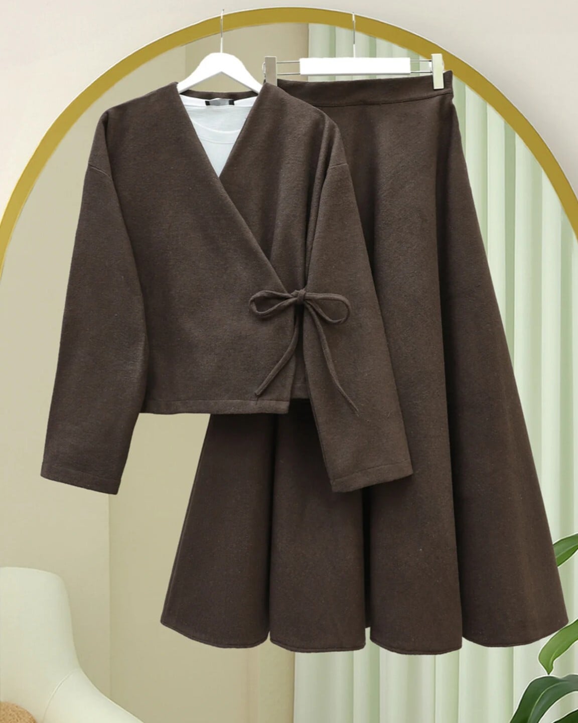 Wrap-Front Skirted Kimono Set - Brown - Podyumplus - by Peralane - photo 2