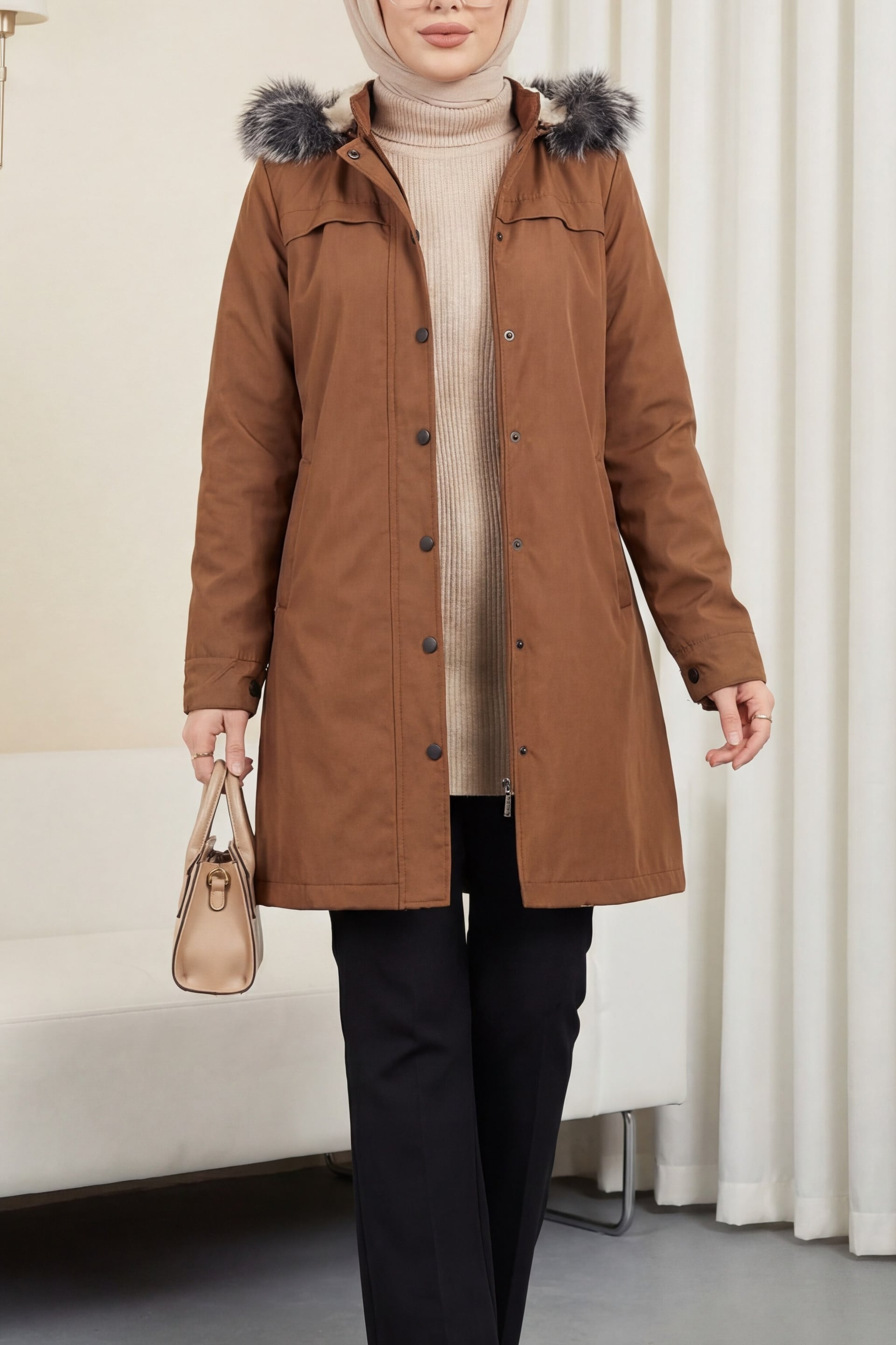 Women's Zip-Up Hooded Coat with Faux Fur Trim - Tan - Podyumplus - by Peralane