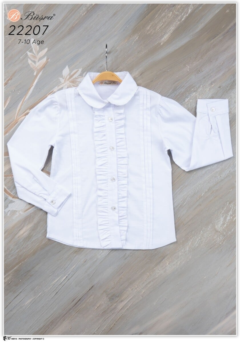 White Peter Pan Collar Blouse with Ruffles for Girls 7-10 Years - Busra Bebe - by Peralane