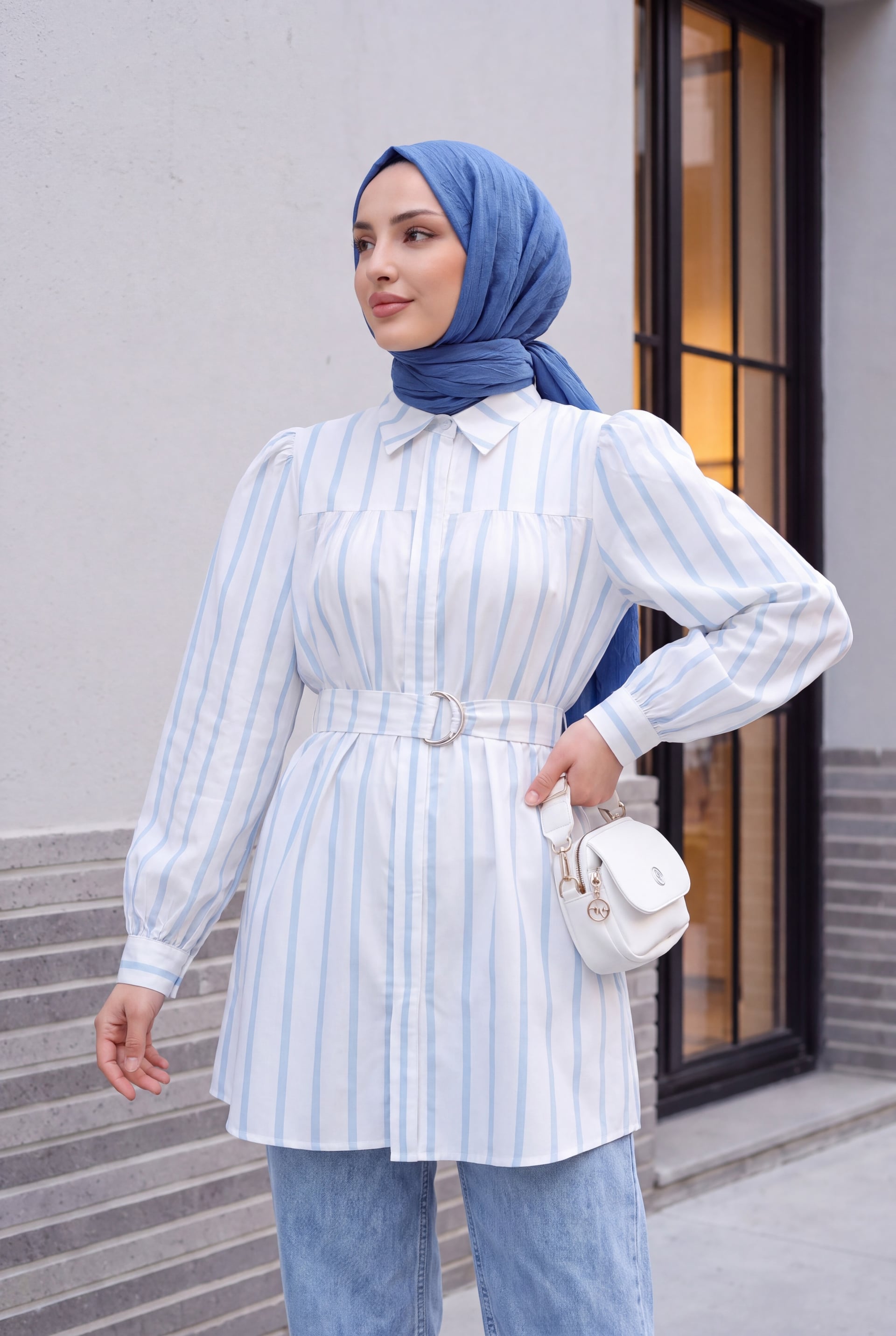 Light Blue Striped Belted Shirt Tunic for Women - Podyumplus - by Peralane