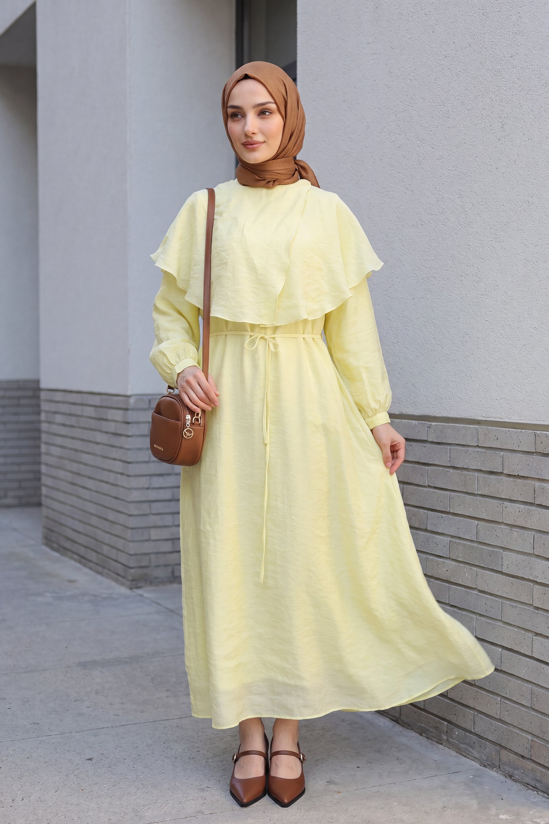 Yellow Tulle Modal Dress with Cape Collar and Belt - Podyumplus - by Peralane - photo 3
