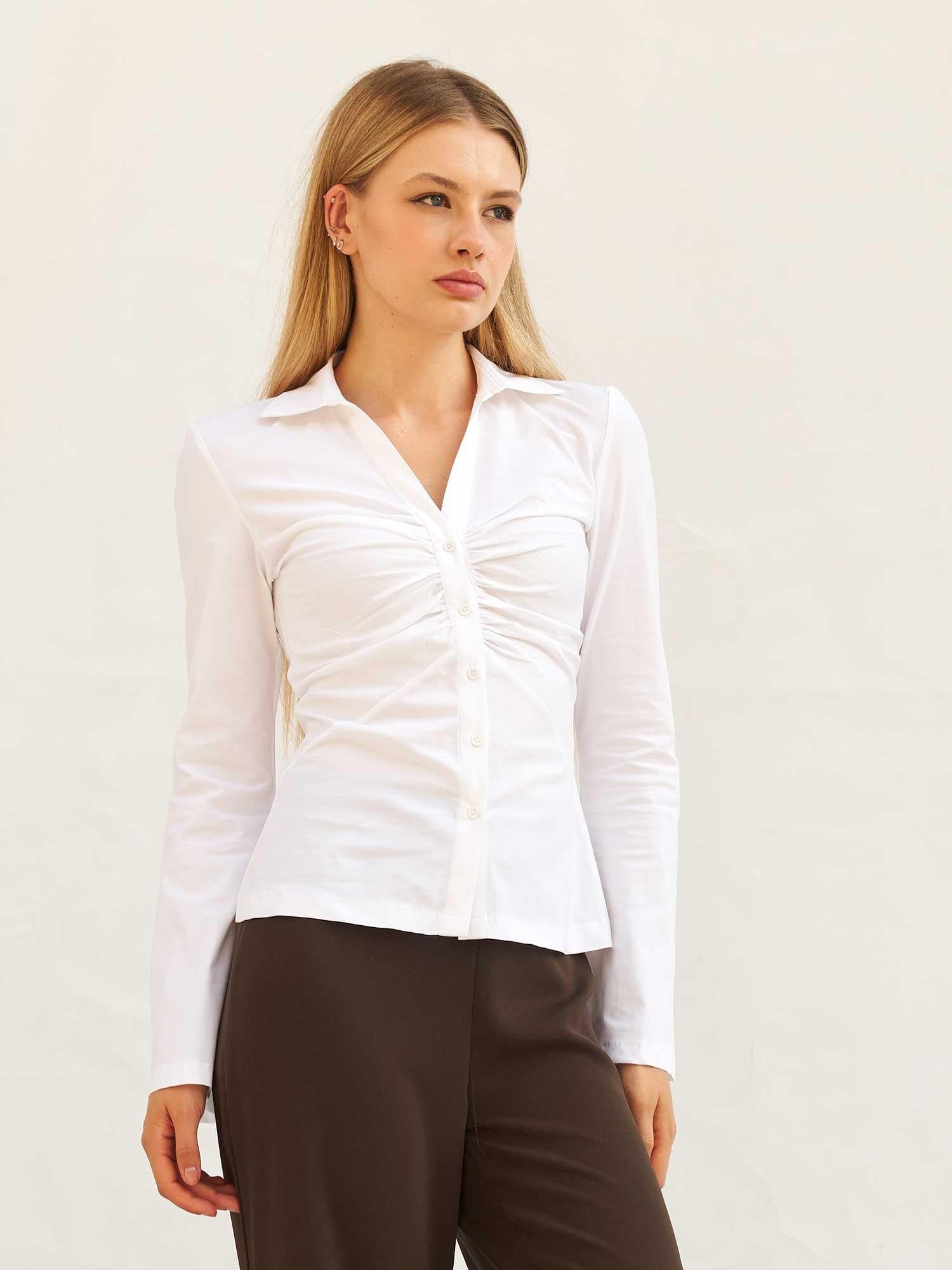 White Poplin Blouse with Ruching Detail - Lefon - by Peralane - photo 2