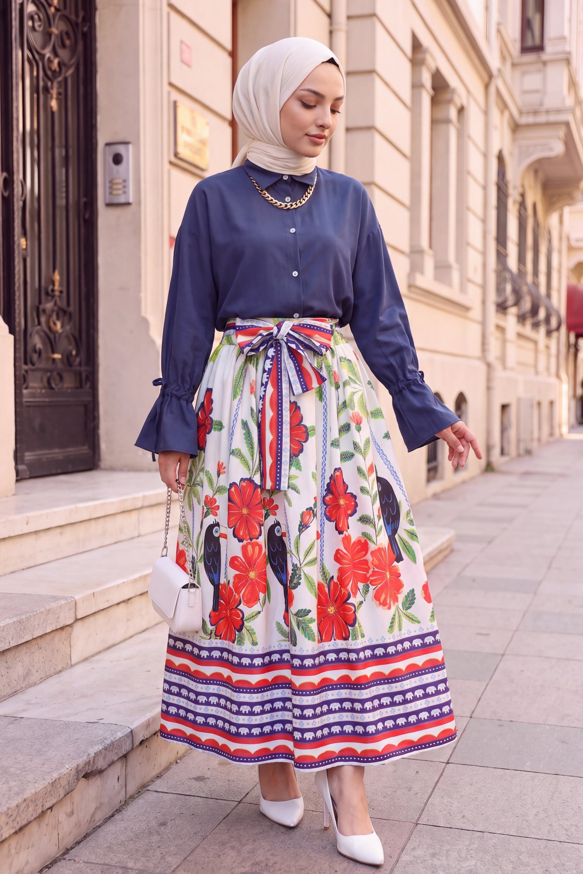 Elastic Waist Belted Tropical Print Skirt - White - Podyumplus - by Peralane - photo 5