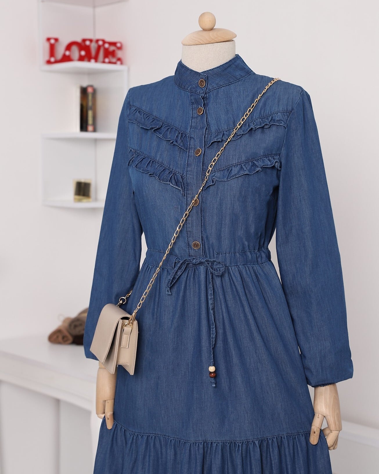 Half-Button Tiered Ruffle Denim Dress - Indigo - Podyumplus - by Peralane - photo 5