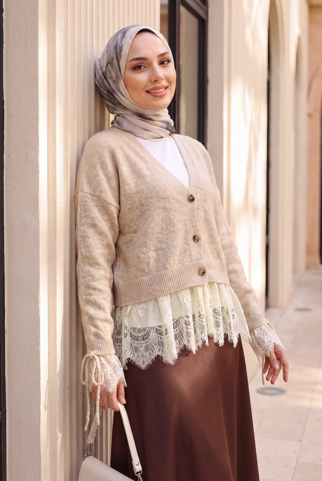 Beige Lace-Trim Button-Front Cardigan with Puff Sleeves - Podyumplus - by Peralane - photo 2