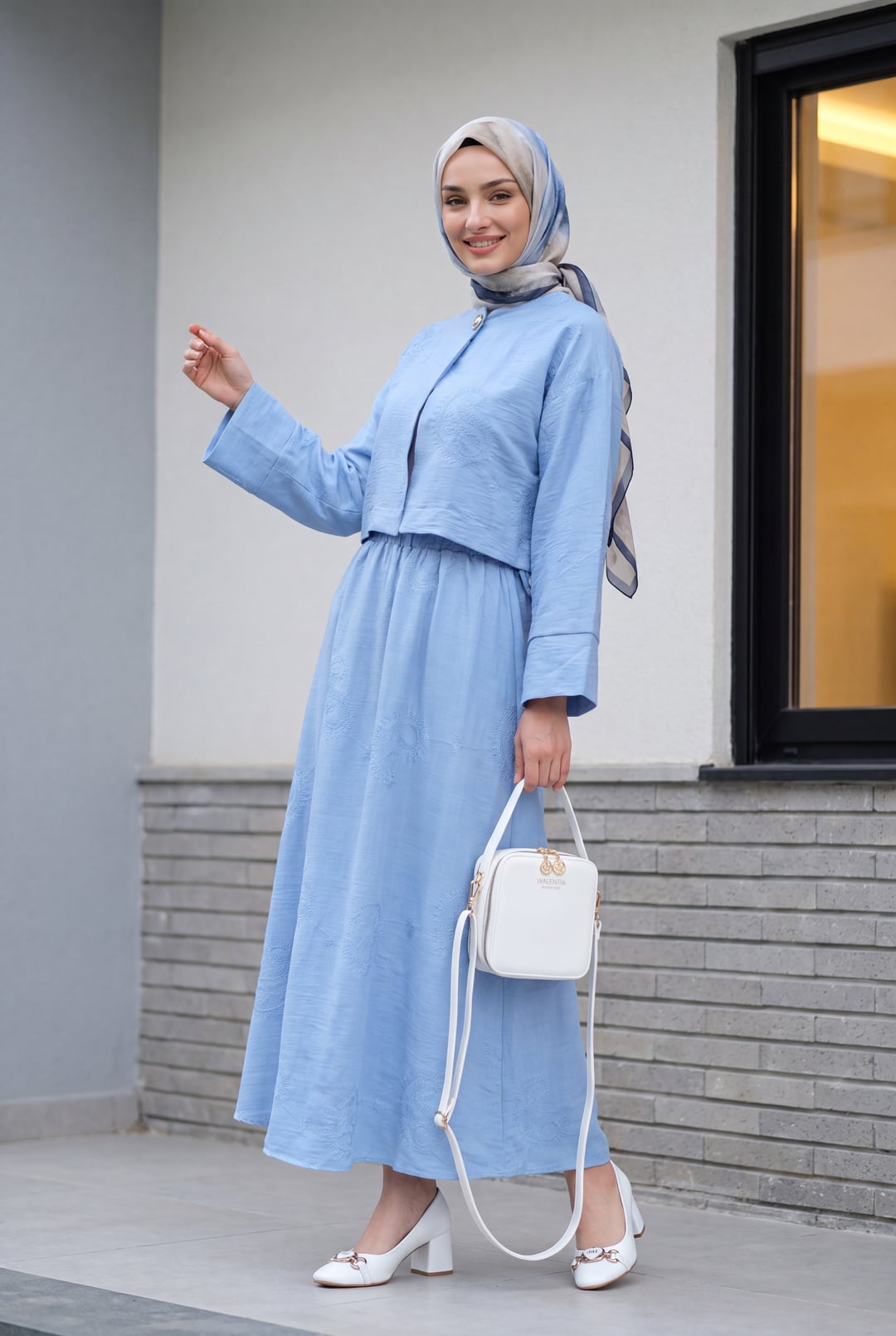 Embroidered Linen-Look Two-Piece Set with Maxi Skirt - Light Blue - Podyumplus - by Peralane