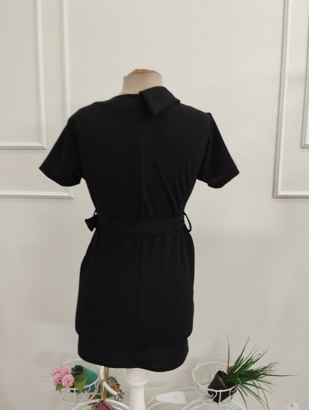 Women's Black Short-Sleeve Blazer Dress with Lace and Belt - Janes - by Peralane - photo 6