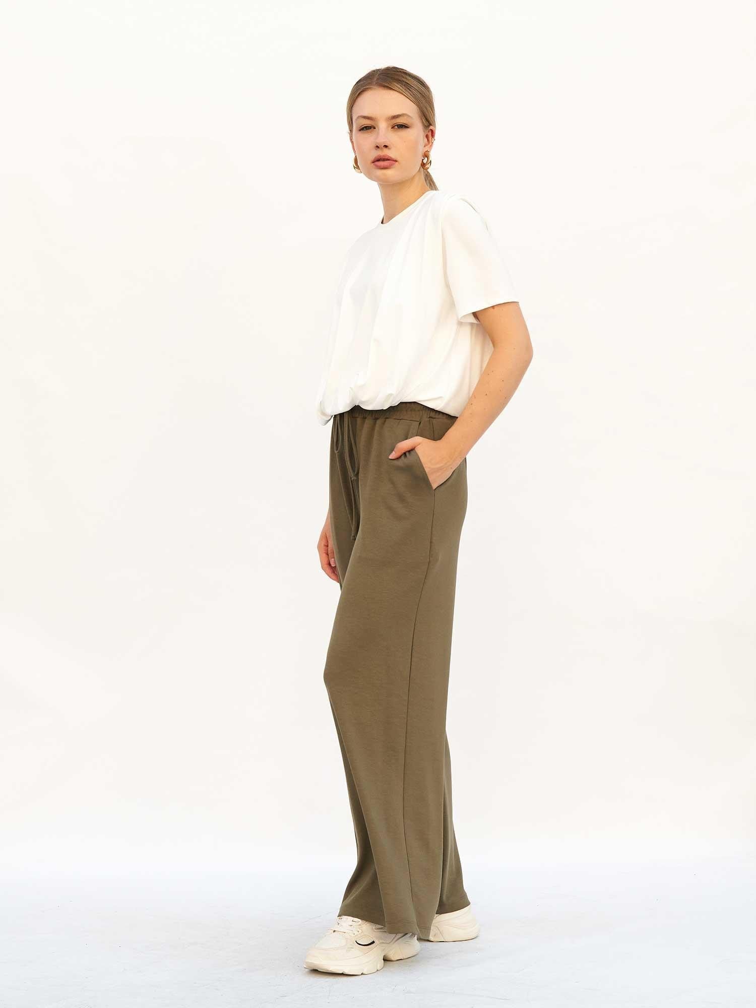 High Waist Wide Leg Trousers with Drawstring - Olive Green - Lefon - by Peralane - photo 4
