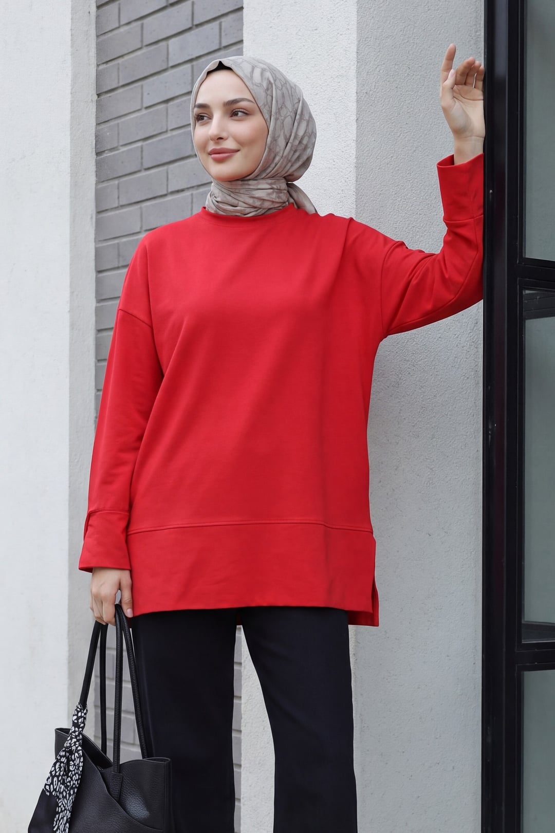 Bicycle Neck Side Slit Oversize Cotton Jersey Tunic - Red - Podyumplus - by Peralane