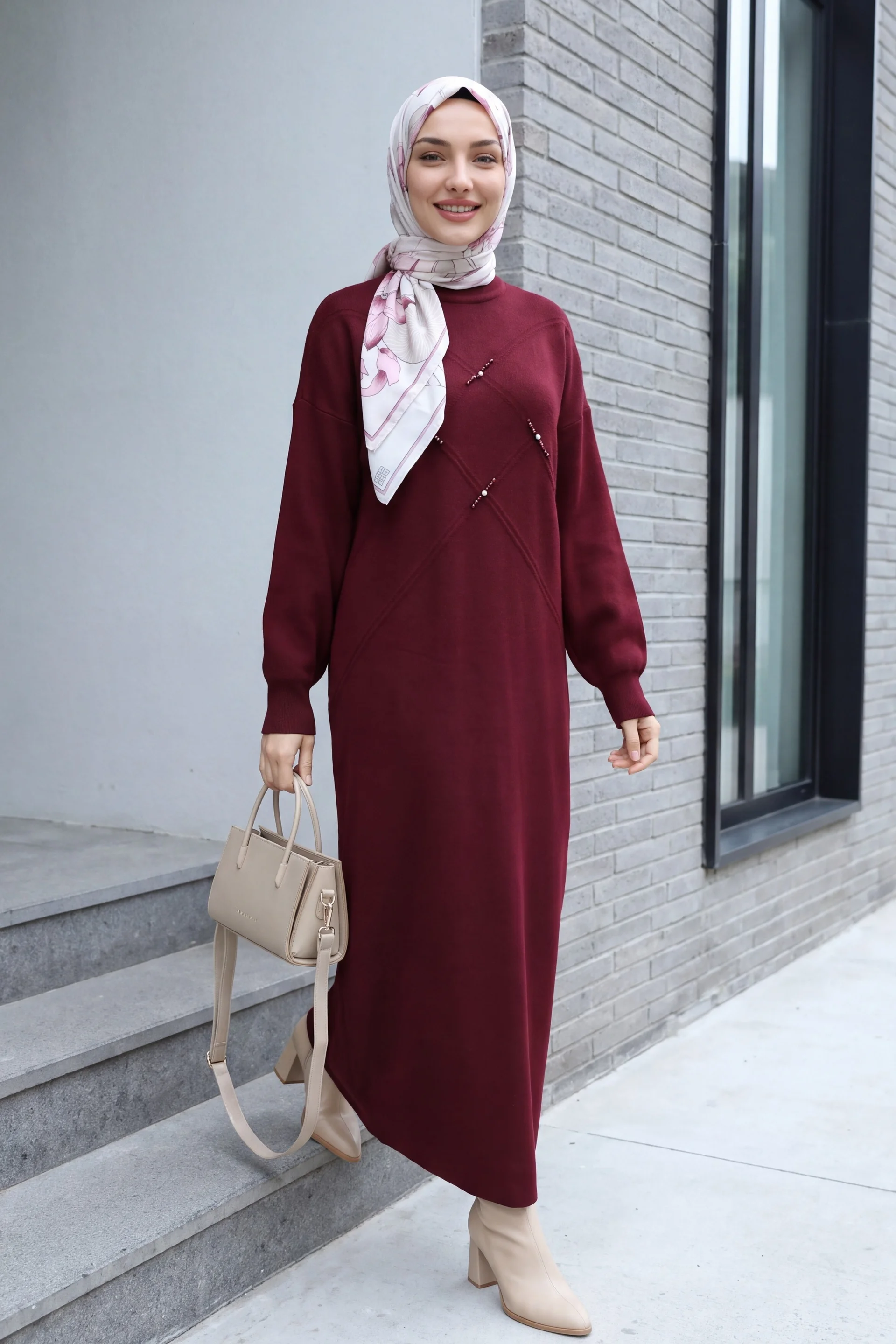 Beaded Patterned Knit Dress with Pearl and Stone Details - Burgundy - Podyumplus - by Peralane - photo 3