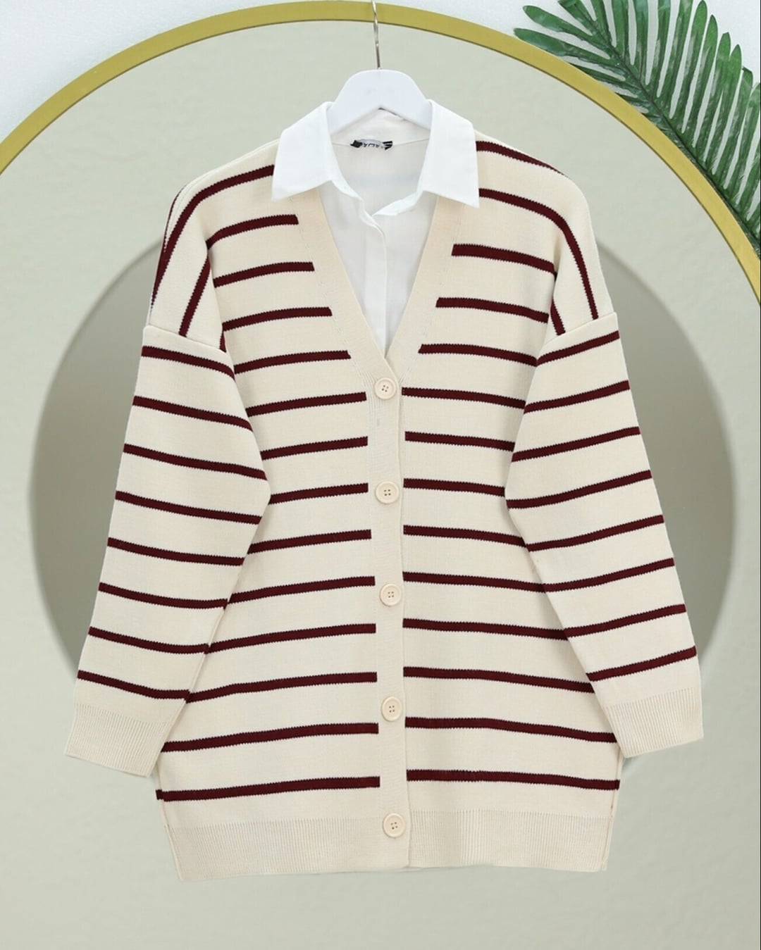 Striped Button-Front V-Neck Knit Cardigan - Beige - Podyumplus - by Peralane - photo 3