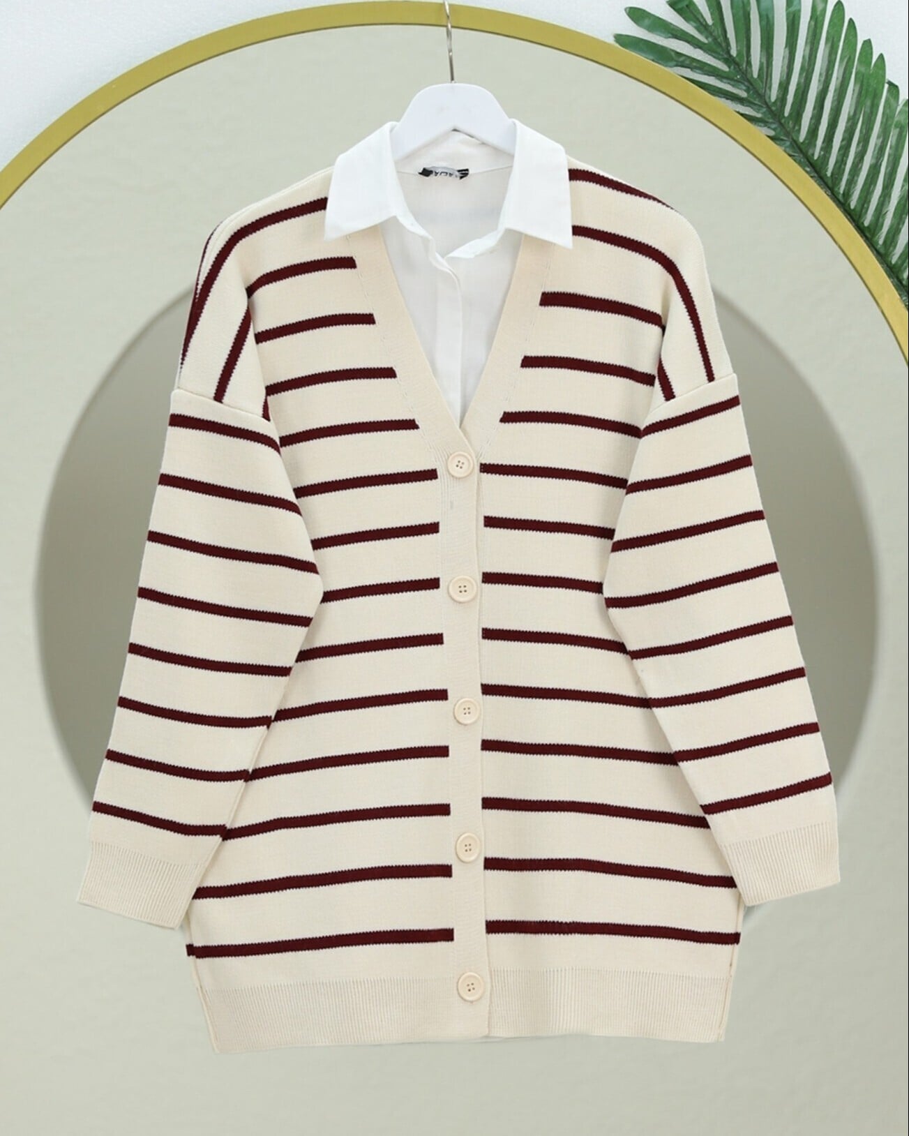 Striped Button-Front V-Neck Knit Cardigan - Beige - Podyumplus - by Peralane - photo 3