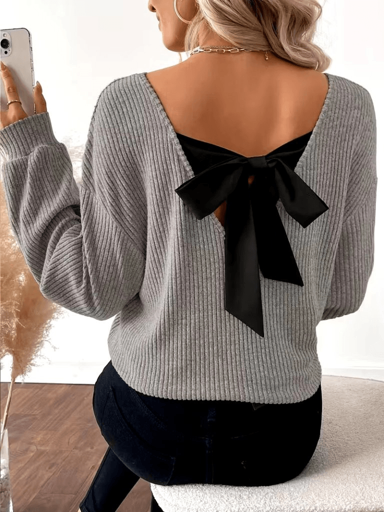 Women's Long Sleeve V-Neck Ribbed Knit Sweatshirt with Back Bow Detail - Janes - by Peralane