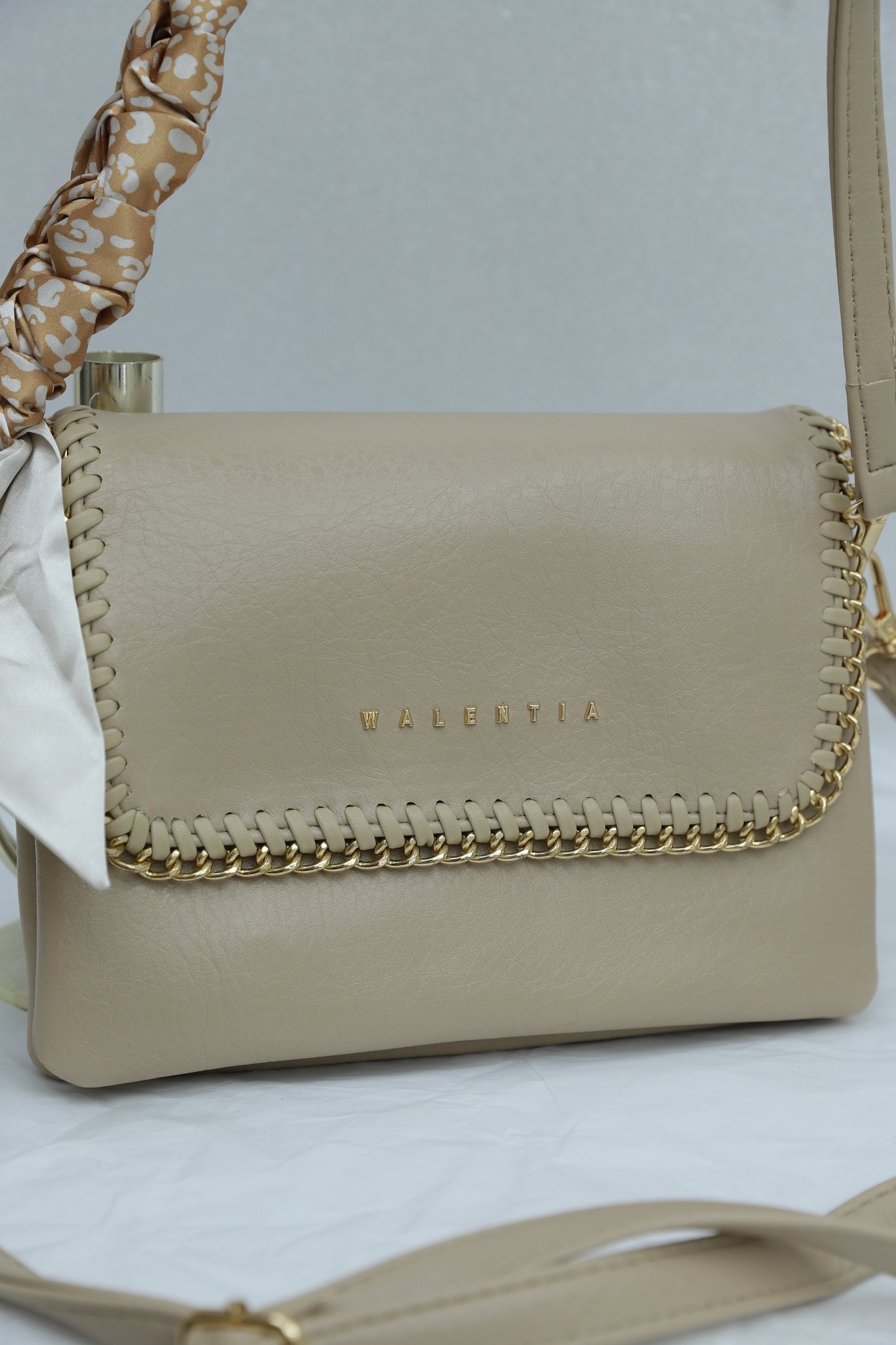 Chain-Trimmed Flap Crossbody Bag with Scarf Detail - Mink - Podyumplus - by Peralane - photo 3