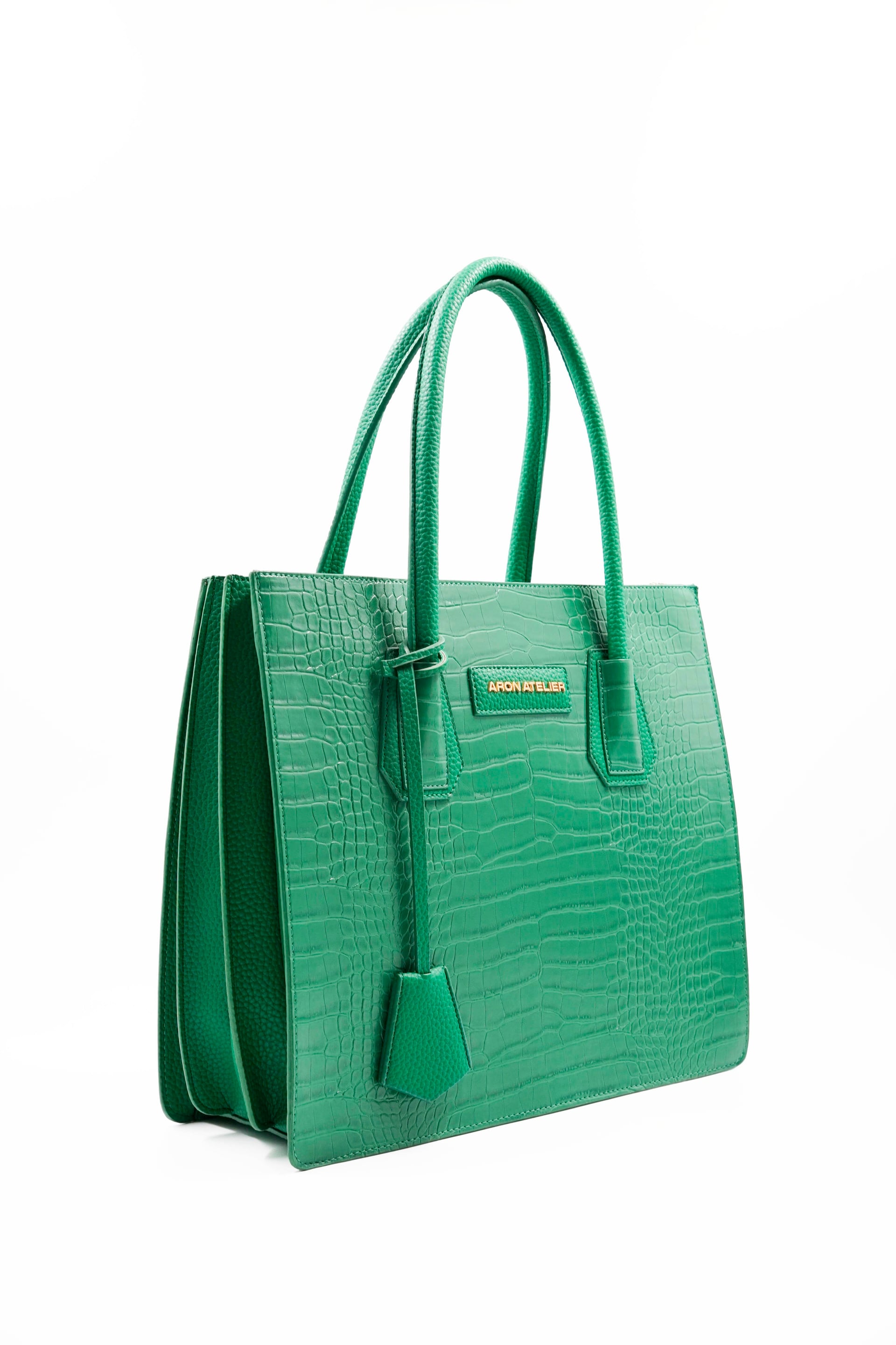 Natalia Crocodile-Embossed Vegan Leather Shoulder Bag in Green - Aron Atelier - by Peralane - photo 3