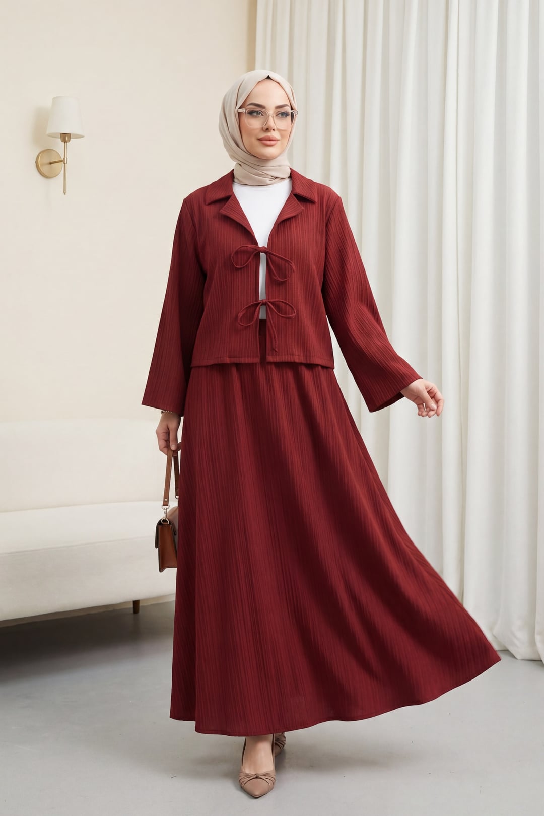Tie-Front Crinkle Two-Piece Set with Skirt - Burgundy - Podyumplus - by Peralane