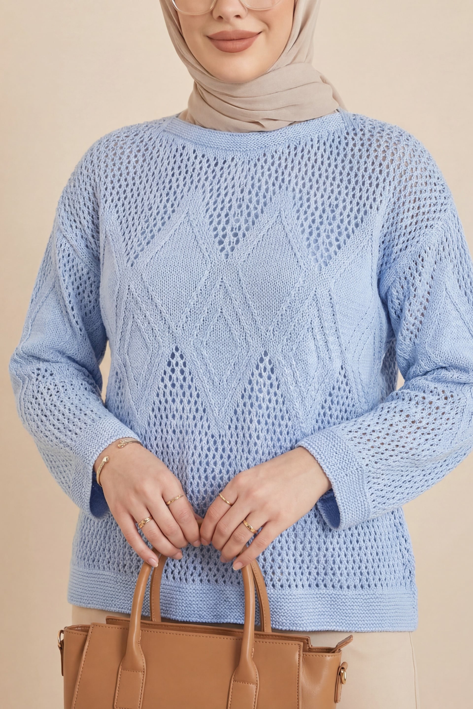 Women's Patterned Openwork Knit Sweater - Baby Blue - Podyumplus - by Peralane - photo 2