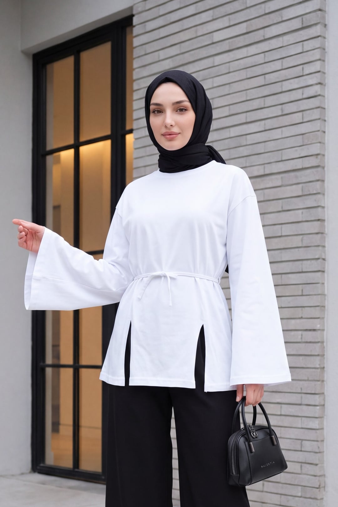 Tie Waist Side Slit Jersey Tunic - White - Podyumplus - by Peralane