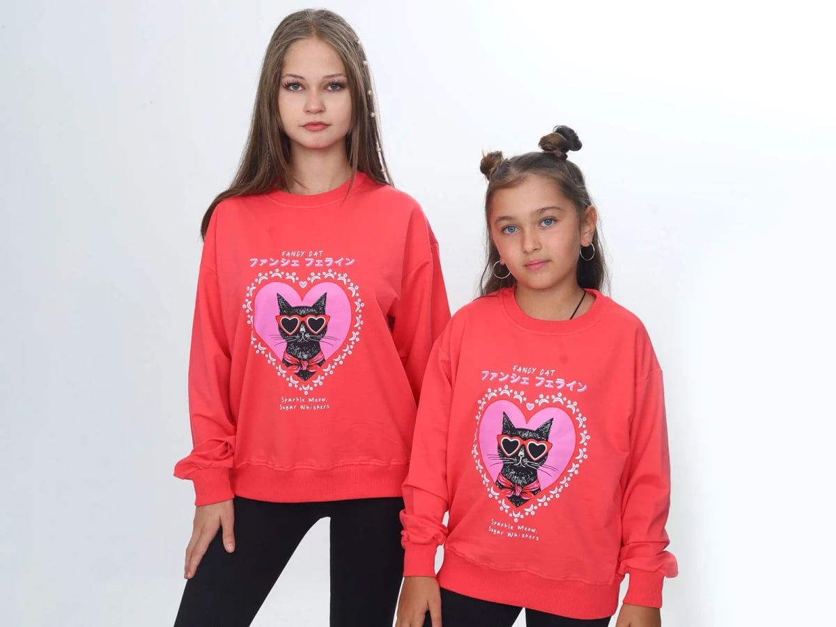 Girls' Cat Print Sweatshirt - Coral Pink - Vizviz - by Peralane