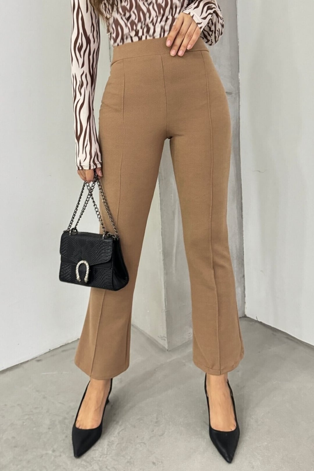 Elastic Waist Stretch Knit Flared Trousers - Camel - Podyumplus - by Peralane - photo 3