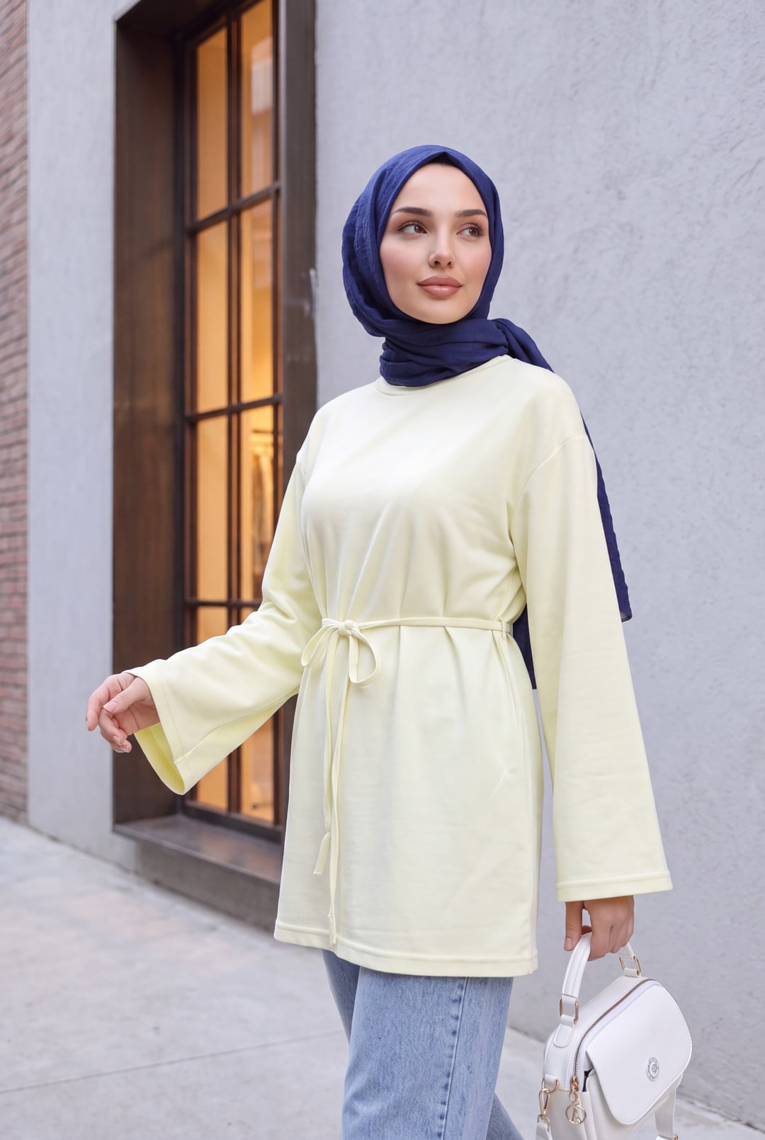 Round Neck Tie-Belt Knit Tunic - Pale Yellow - Podyumplus - by Peralane