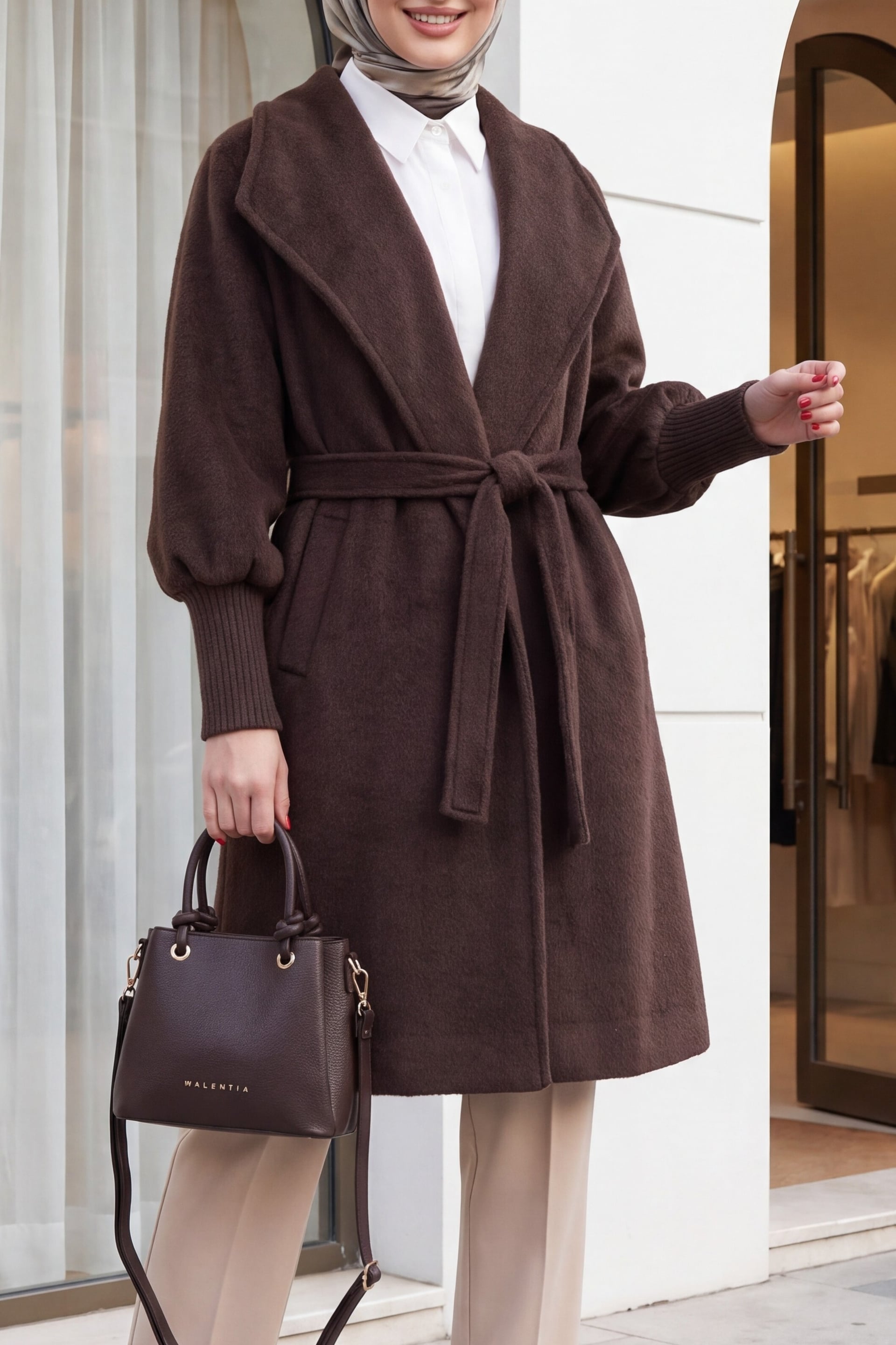 Ribbed Cuff Shawl Collar Lined Melton Coat - Dark Brown - Podyumplus - by Peralane