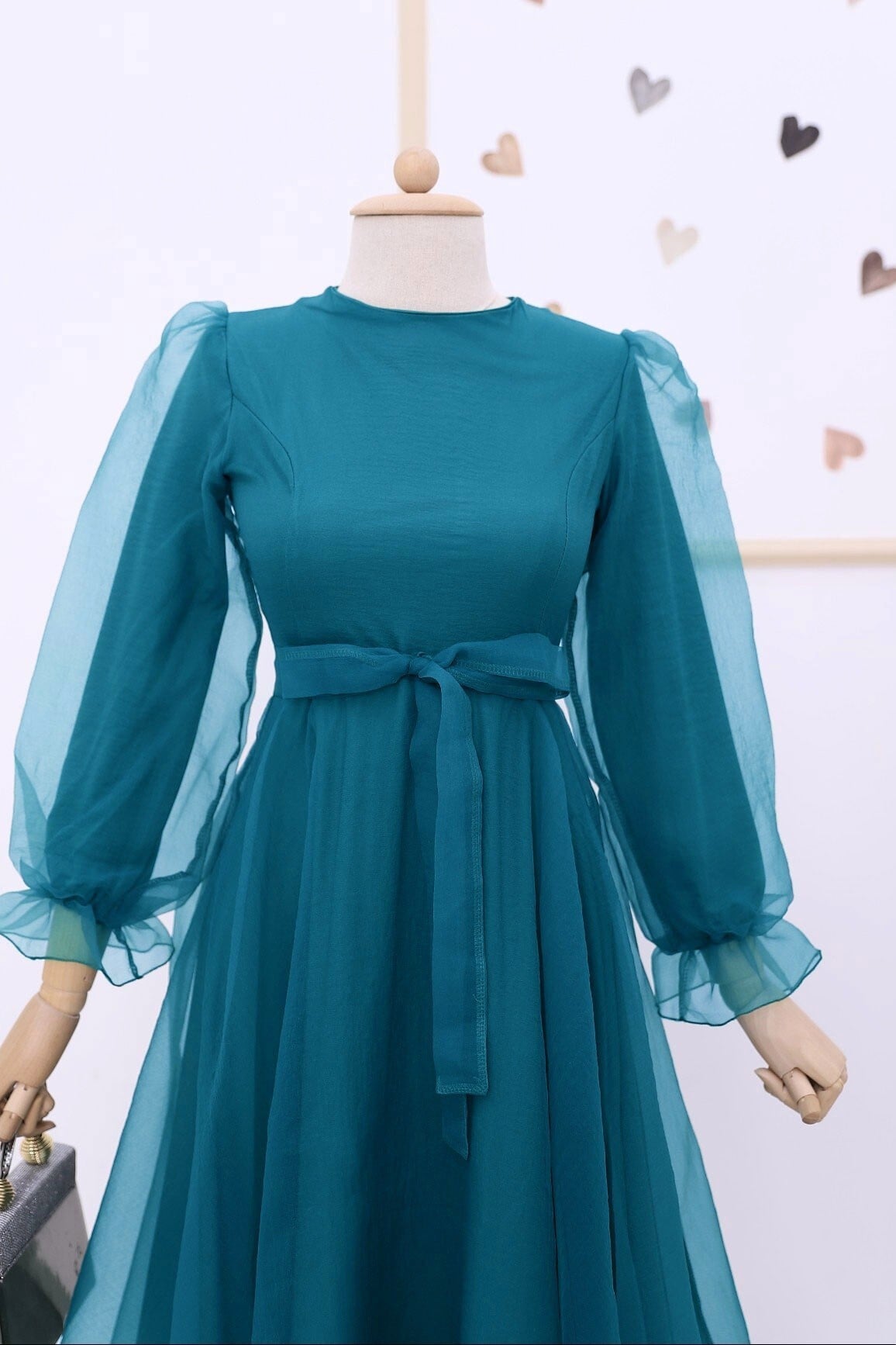 Women's Petrol Tulle Evening Dress with Puffed Sleeves and Belt - Podyumplus - by Peralane - photo 4