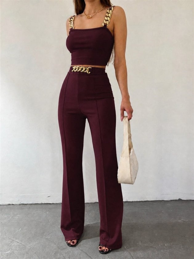 Women's Chain Strap Crop Top and Trousers Two-Piece Set in Burgundy - Janes - by Peralane - photo 2