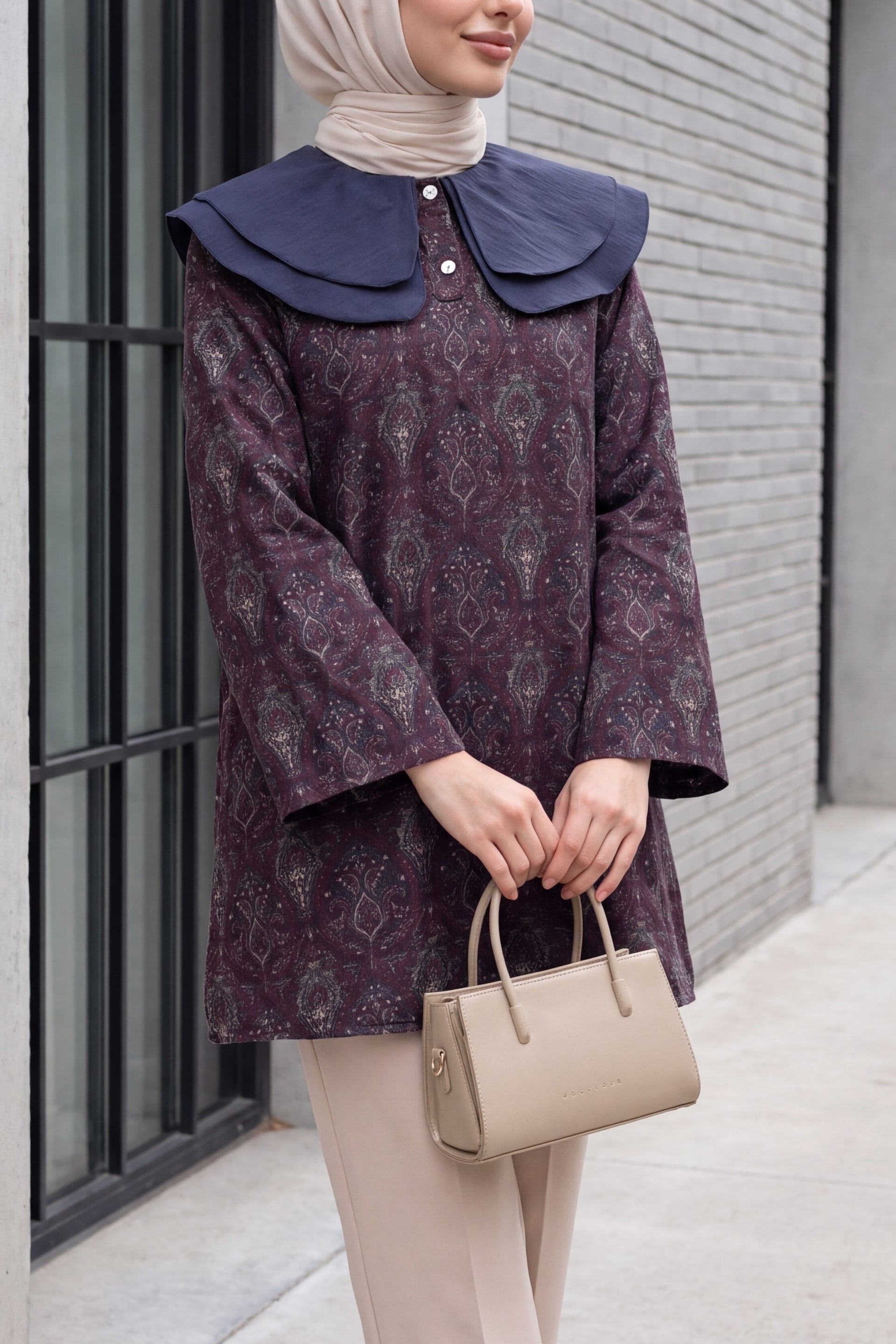 Plum Quilted Tunic with Apron Collar and Half Button Placket - Podyumplus - by Peralane
