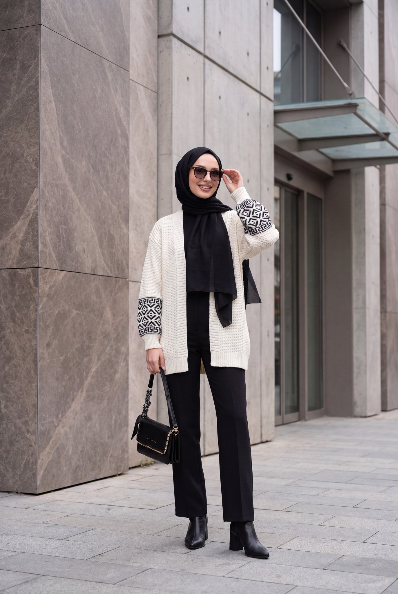 Cream Knit Cardigan with Patterned Sleeves - Podyumplus - by Peralane