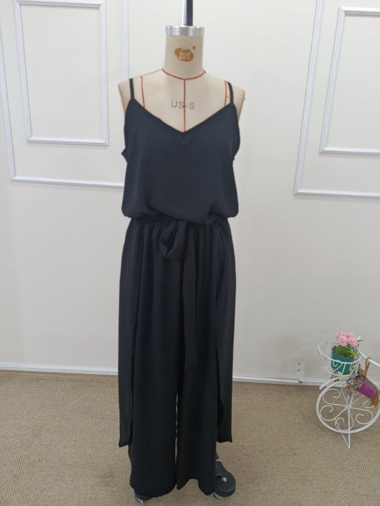 Women's Spaghetti Strap V-Neck Tie Waist Wide-Leg Jumpsuit with Side Slits - Janes - by Peralane - photo 5