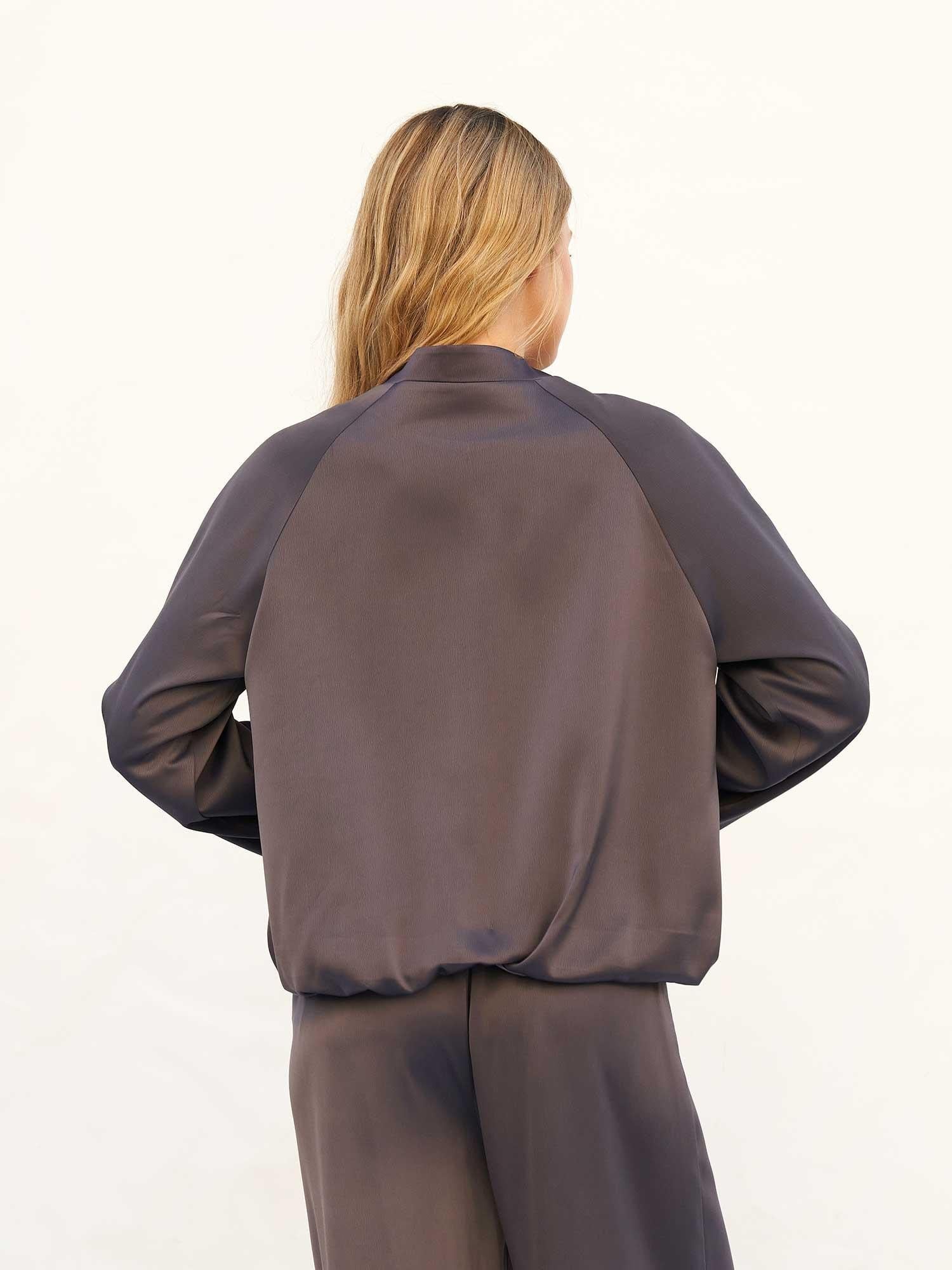 Women's Satin Bomber Jacket with Mandarin Collar and Frog Closures in Dark Grey - Lefon - by Peralane - photo 3