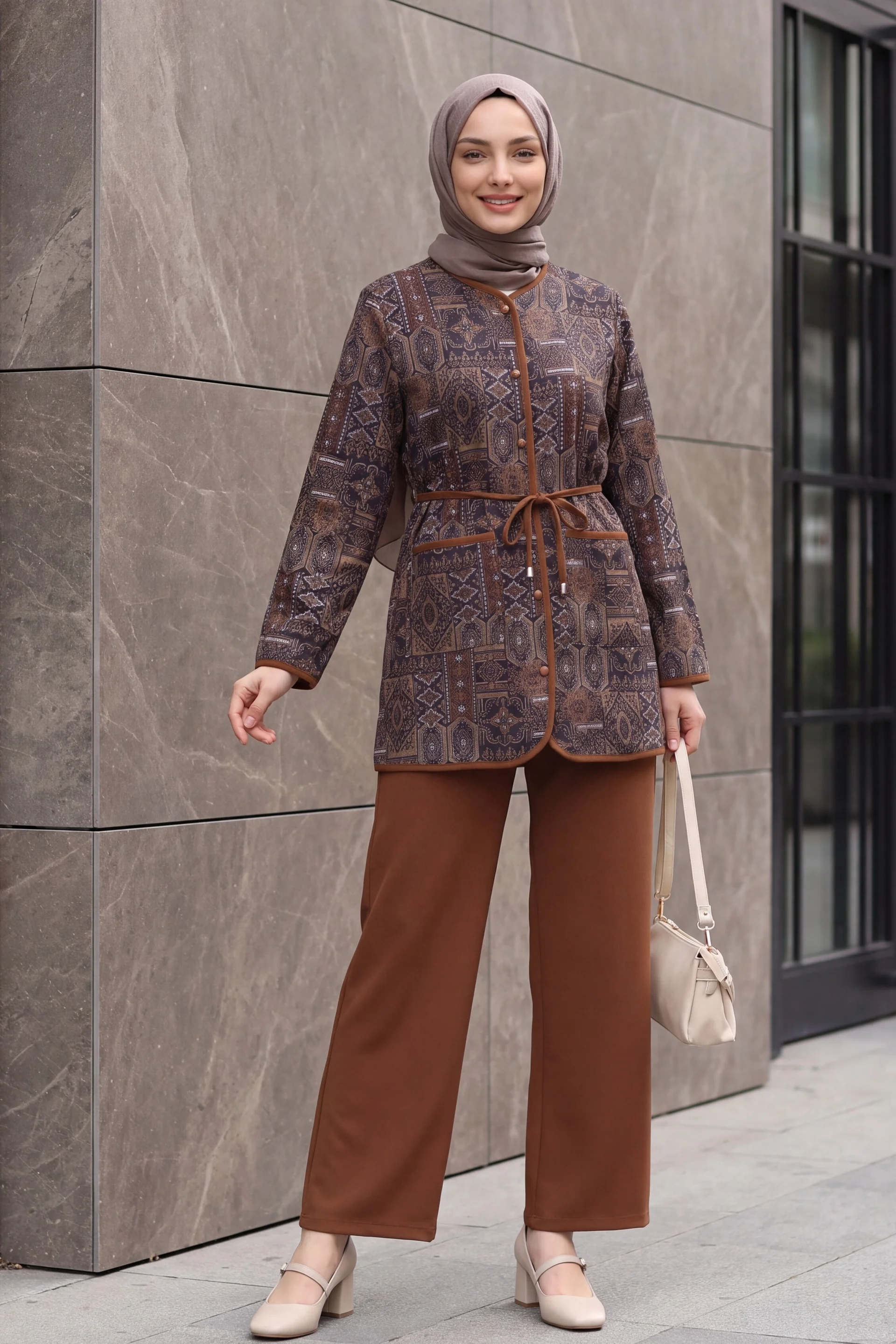 Women's Printed Jacket and Trousers Two-Piece Set with Tie Belt - Tan - Podyumplus - by Peralane - photo 4