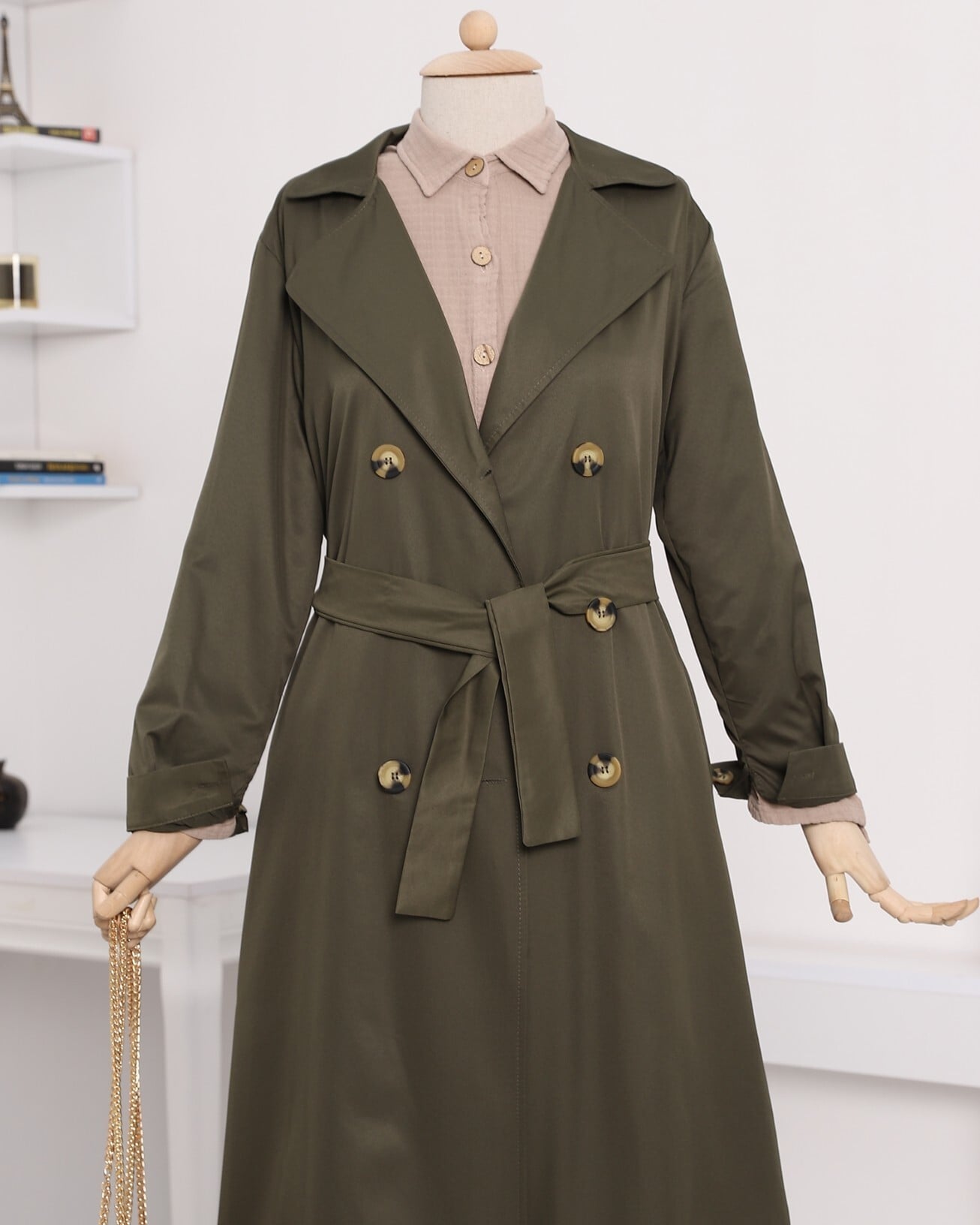 Double-Breasted Belted Long Trench Coat in Olive Green - Podyumplus - by Peralane - photo 4