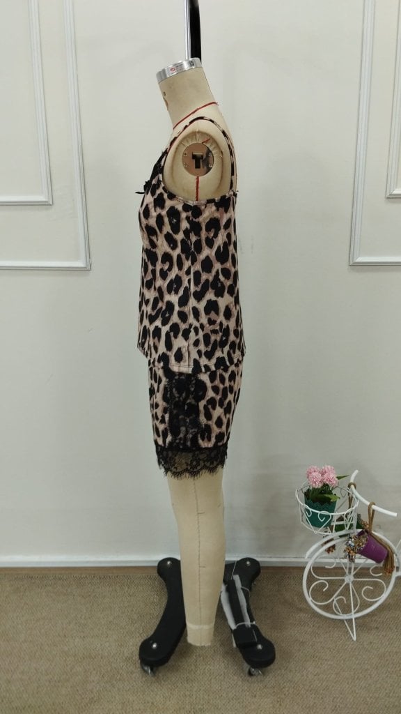 Women's Spaghetti Strap V-Neck Lace Trim Leopard Print Camisole and Shorts Pajama Set - Janes - by Peralane - photo 7