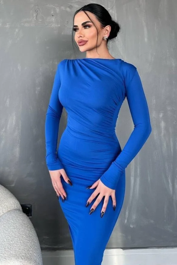 Side Ruched Long Scuba Dress - Saks - Podyumplus - by Peralane - photo 2
