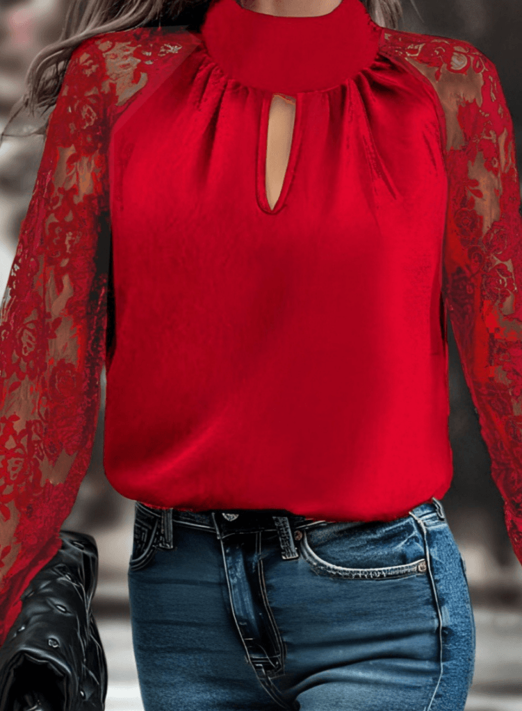 Women's Long Sleeve Red Blouse with Keyhole Neckline and Lace Sleeves - Janes - by Peralane - photo 2