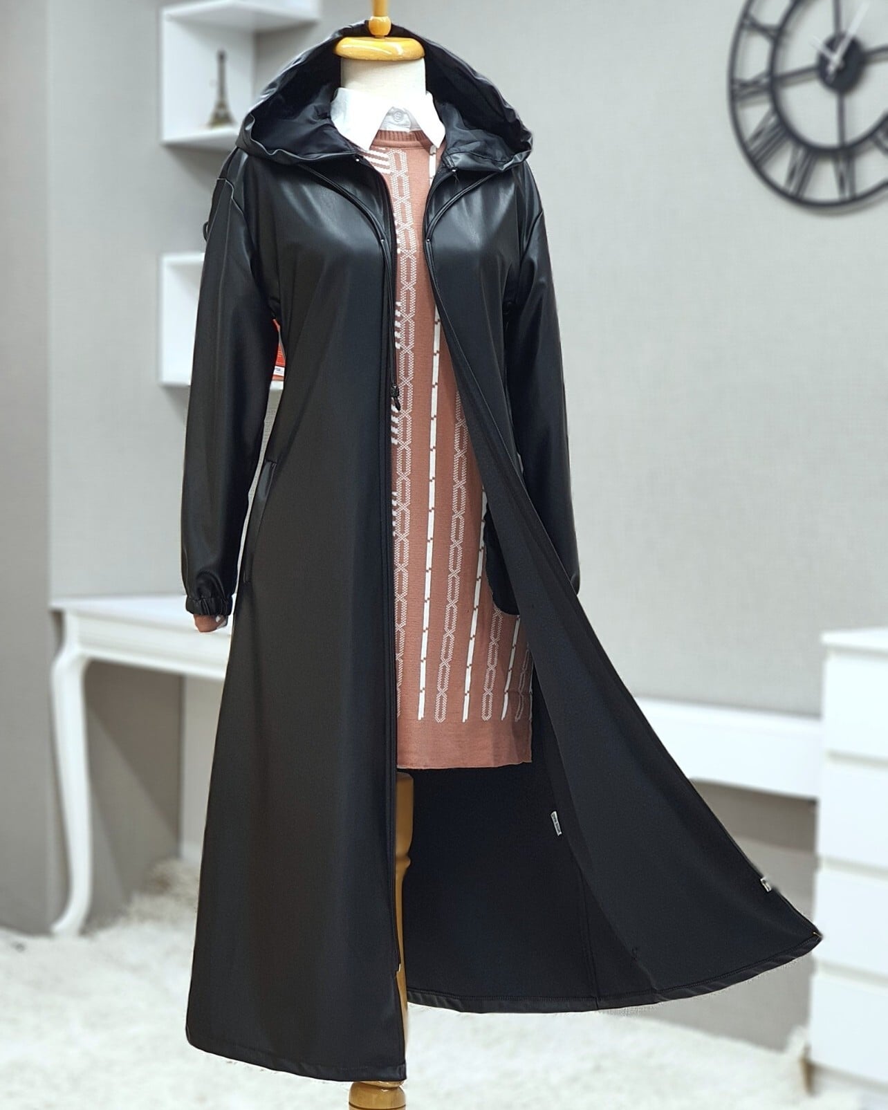 Hooded Zipper Faux Leather Coat - Black - Podyumplus - by Peralane - photo 3