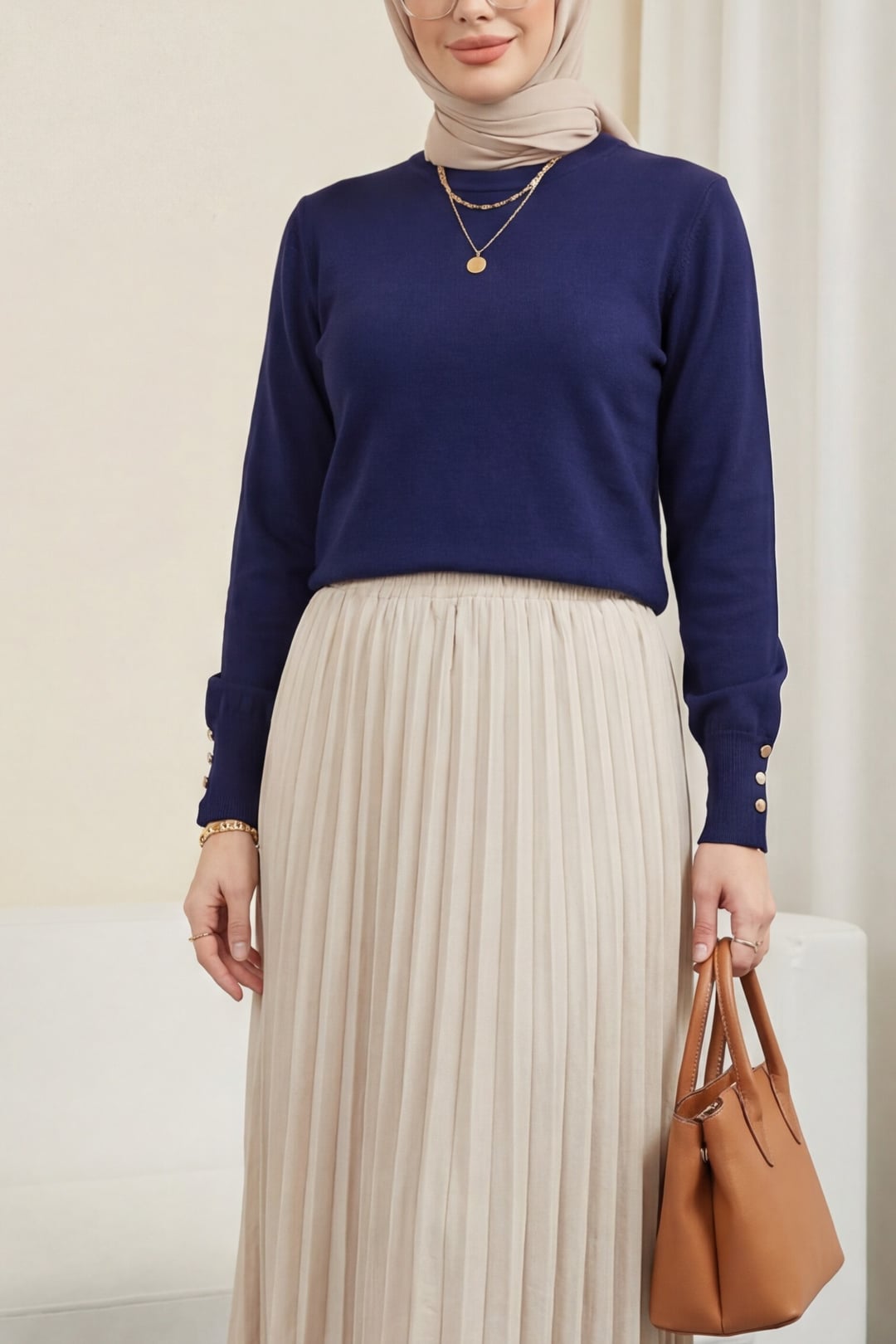 Round Neck Knit Tunic with Button Cuff Detail - Indigo - Podyumplus - by Peralane