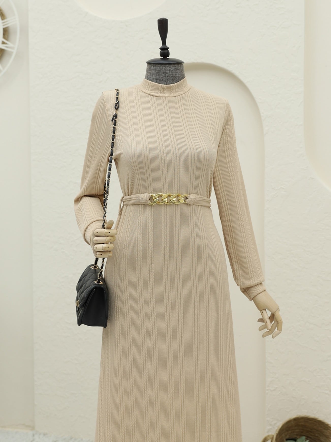 Beige Belted High-Neck Long Knit Dress - Podyumplus - by Peralane - photo 2