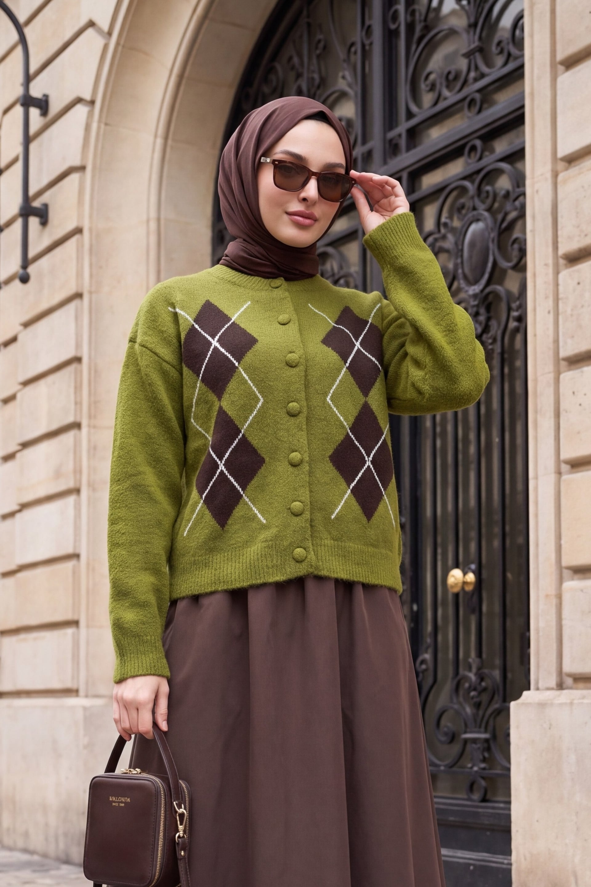 Round Neck Button-Front Argyle Pattern Soft Knit Cardigan - Moss Green - Podyumplus - by Peralane