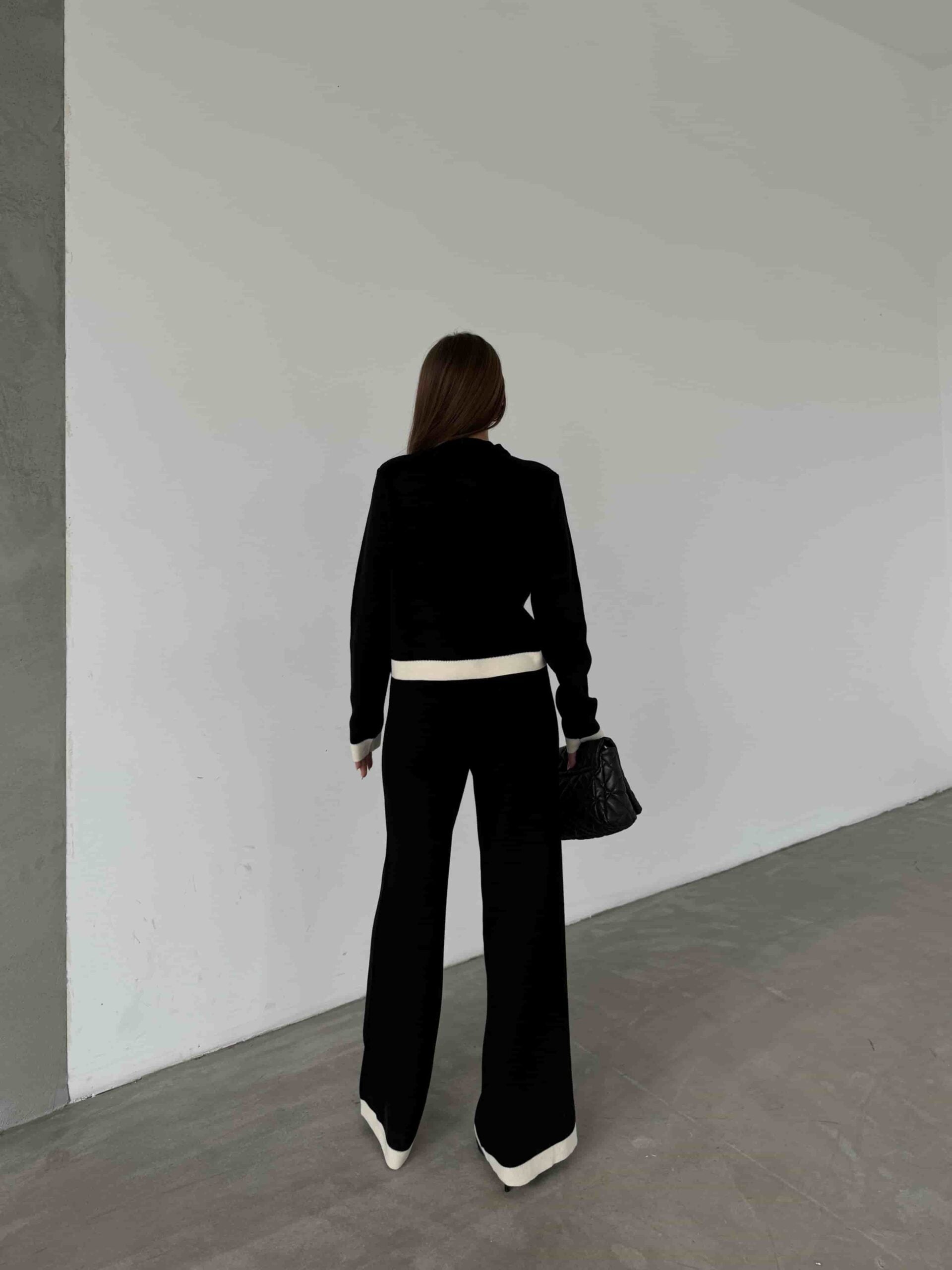 Black Knit Cardigan and Wide-Leg Trousers Set with Cream Trim - My Bee - by Peralane - photo 3