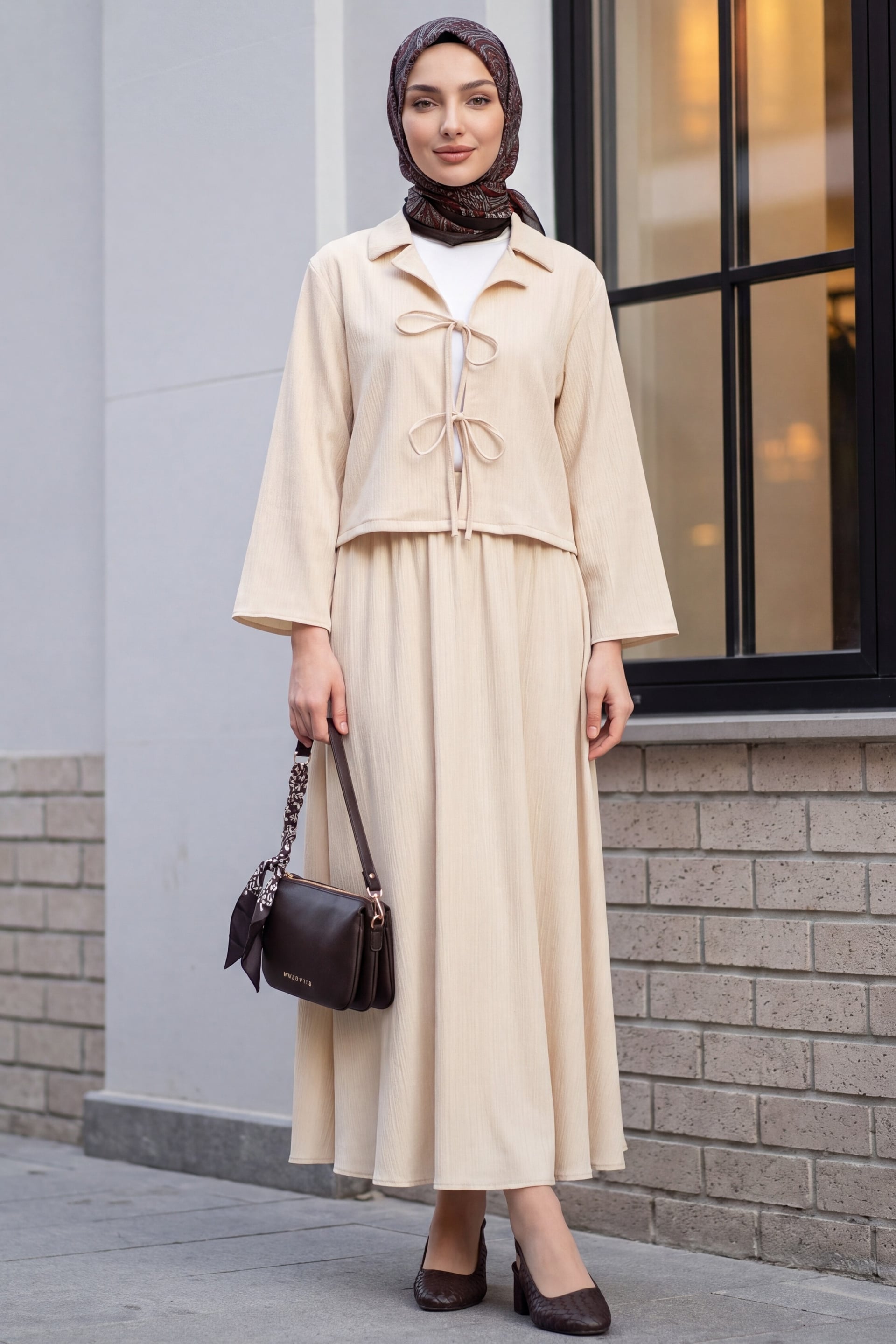Front-Tie Crinkle Two-Piece Modest Set with Skirt - Beige - Podyumplus - by Peralane - photo 6