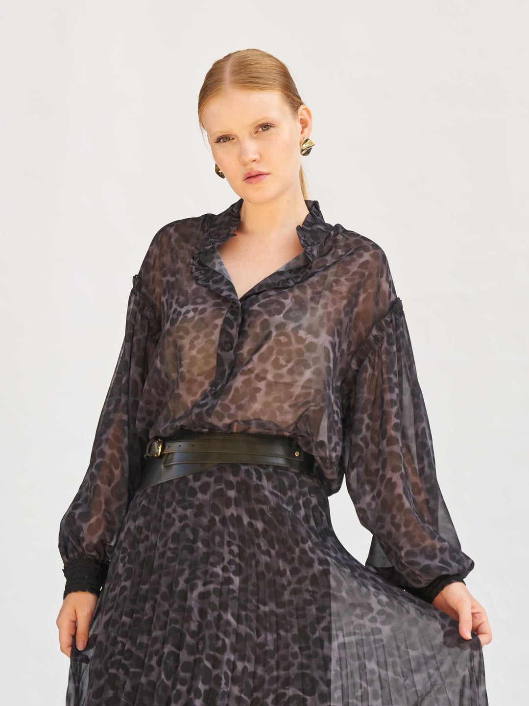 Leopard Print Sheer Blouse with Ruffled Collar - Lefon - by Peralane - photo 6