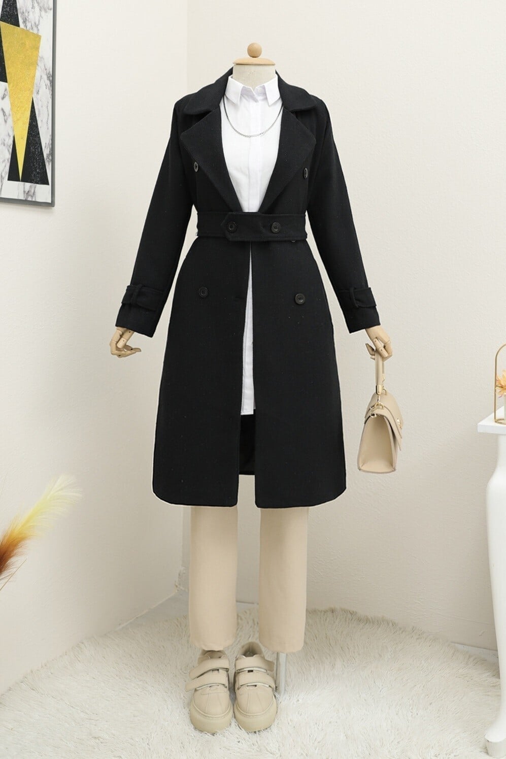 Women's Black Belted Lined Coat with Lapel Collar - Podyumplus - by Peralane - photo 7
