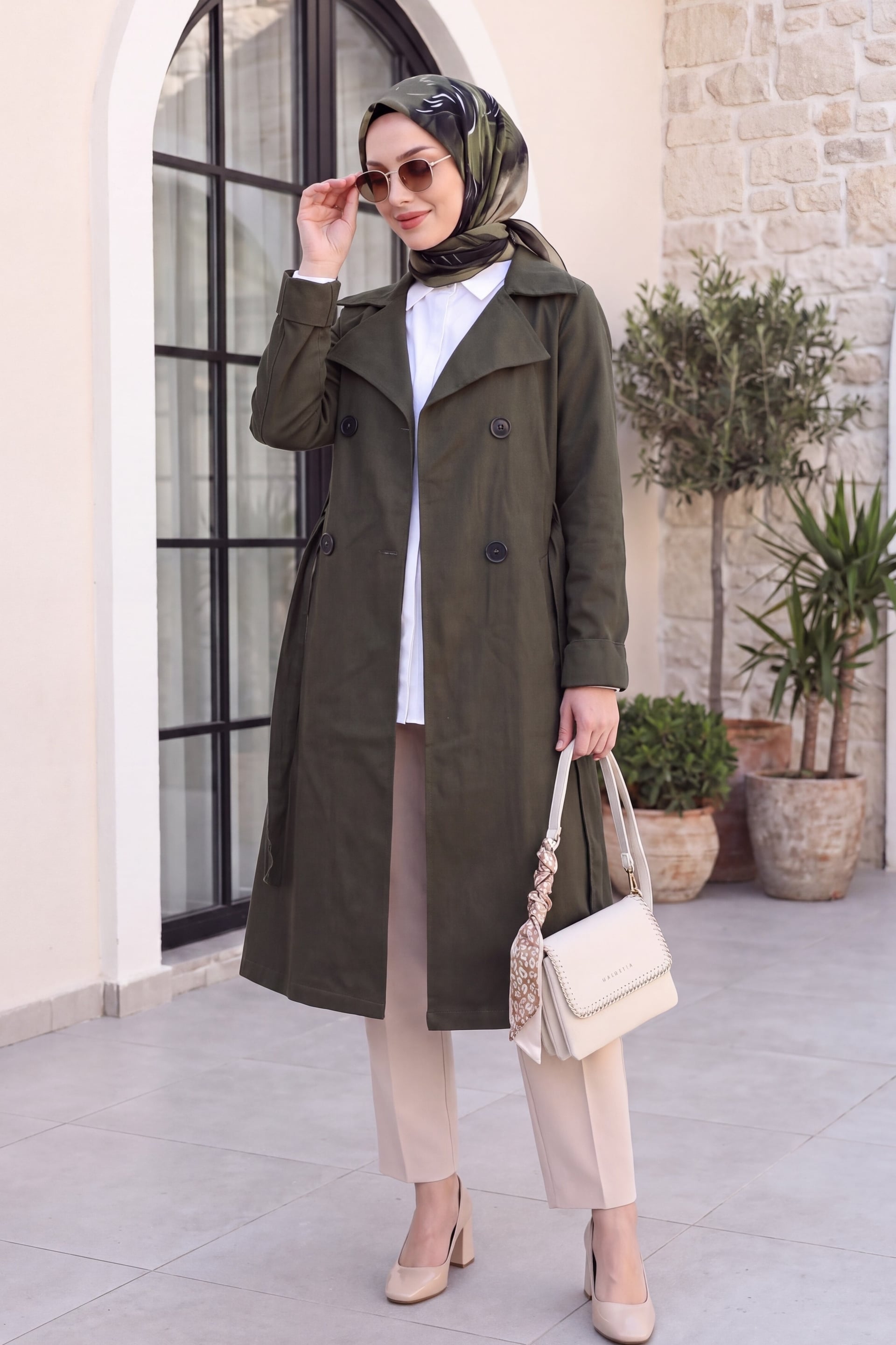 Olive Green Double-Breasted Belted Trench Coat - Podyumplus - by Peralane - photo 3