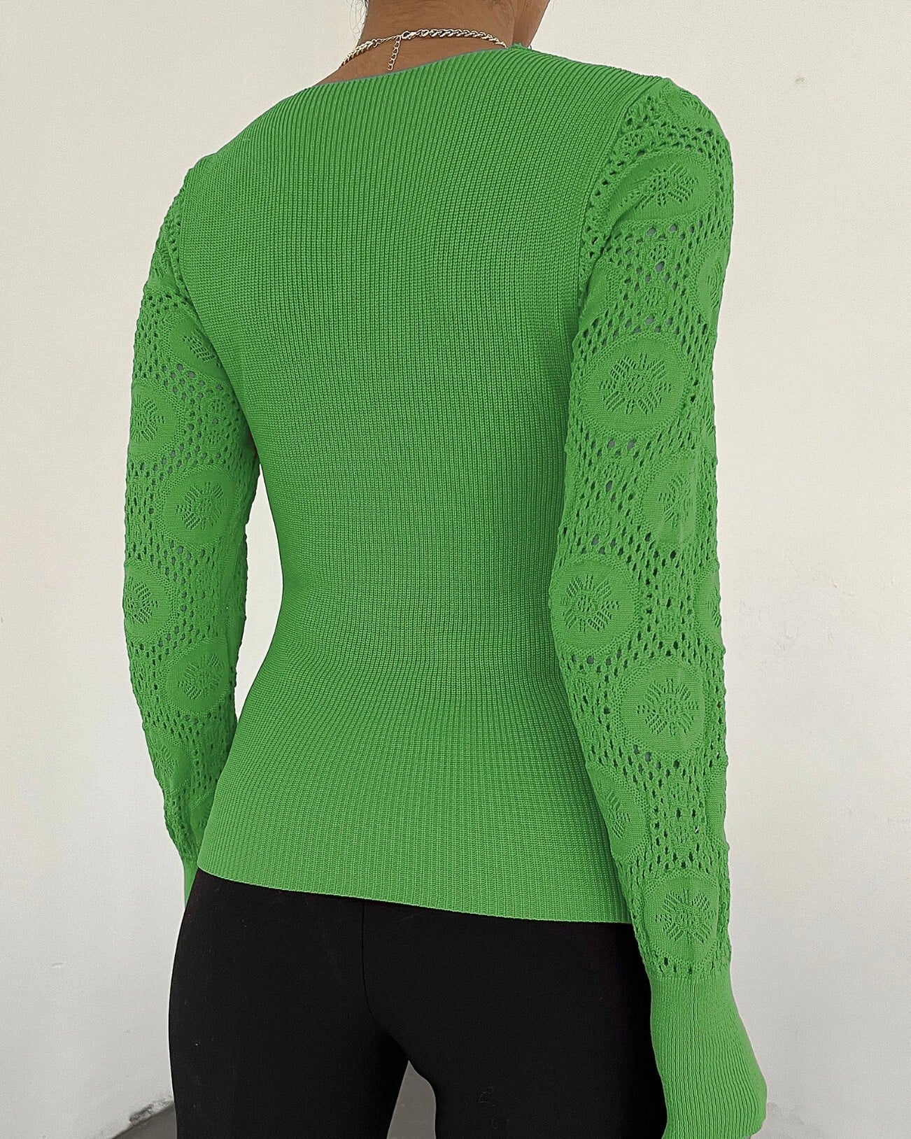 Green Square Neck Lace Knit Blouse with Long Sleeves - Podyumplus - by Peralane - photo 2