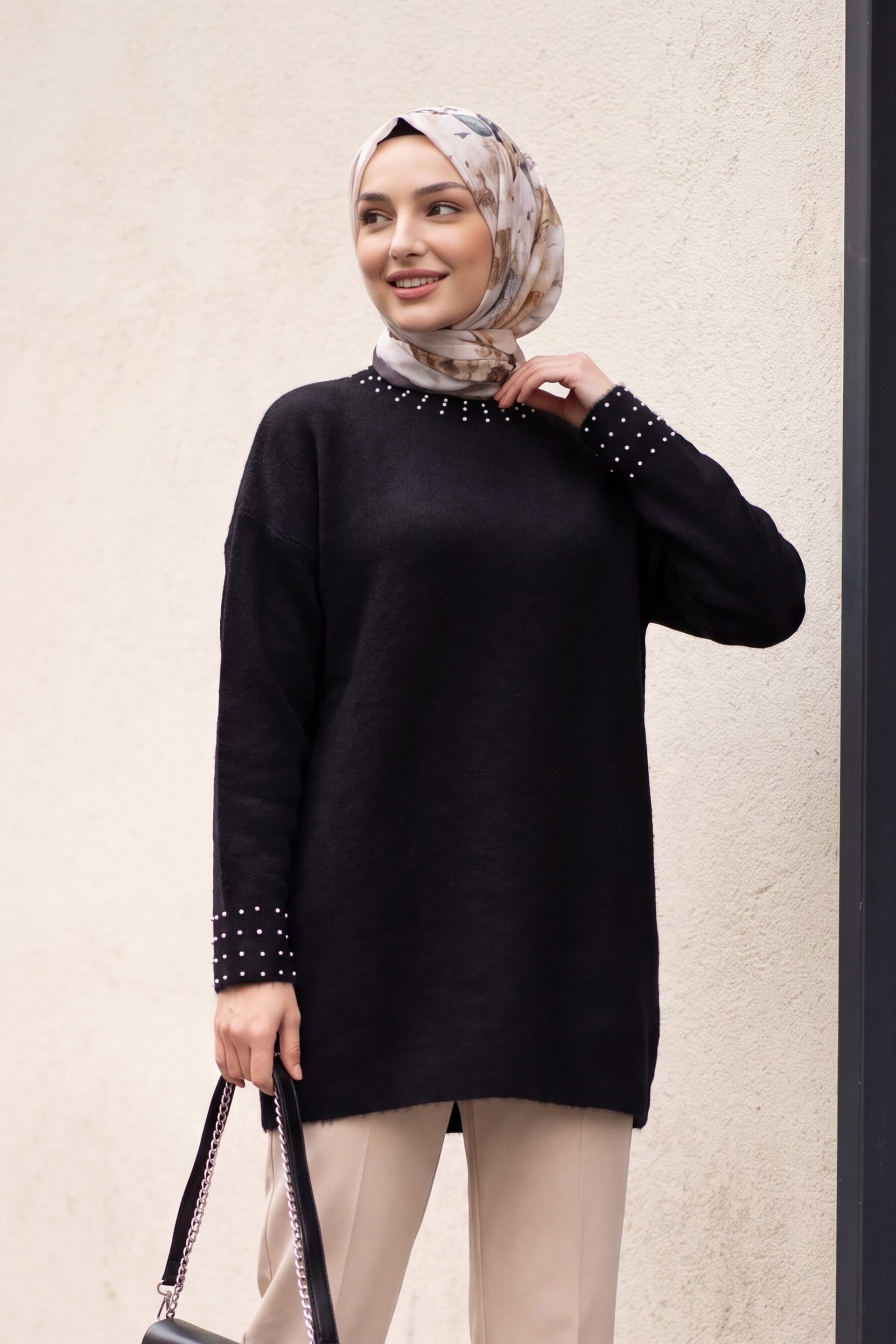 Black Knit Tunic with Pearl Detail Neck and Cuffs - Podyumplus - by Peralane - photo 2